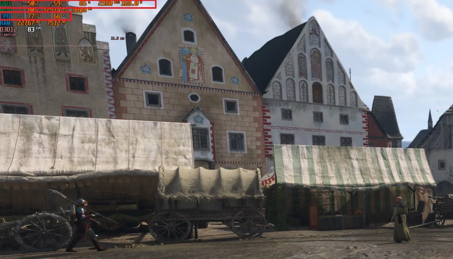 Ảnh chụp màn hình game Kingdom Come: Deliverance 2 hiển thị các chỉ số hiệu suất, minh họa tình trạng nghẽn cổ chai CPU với GPU tải thấp và CPU tải cao.