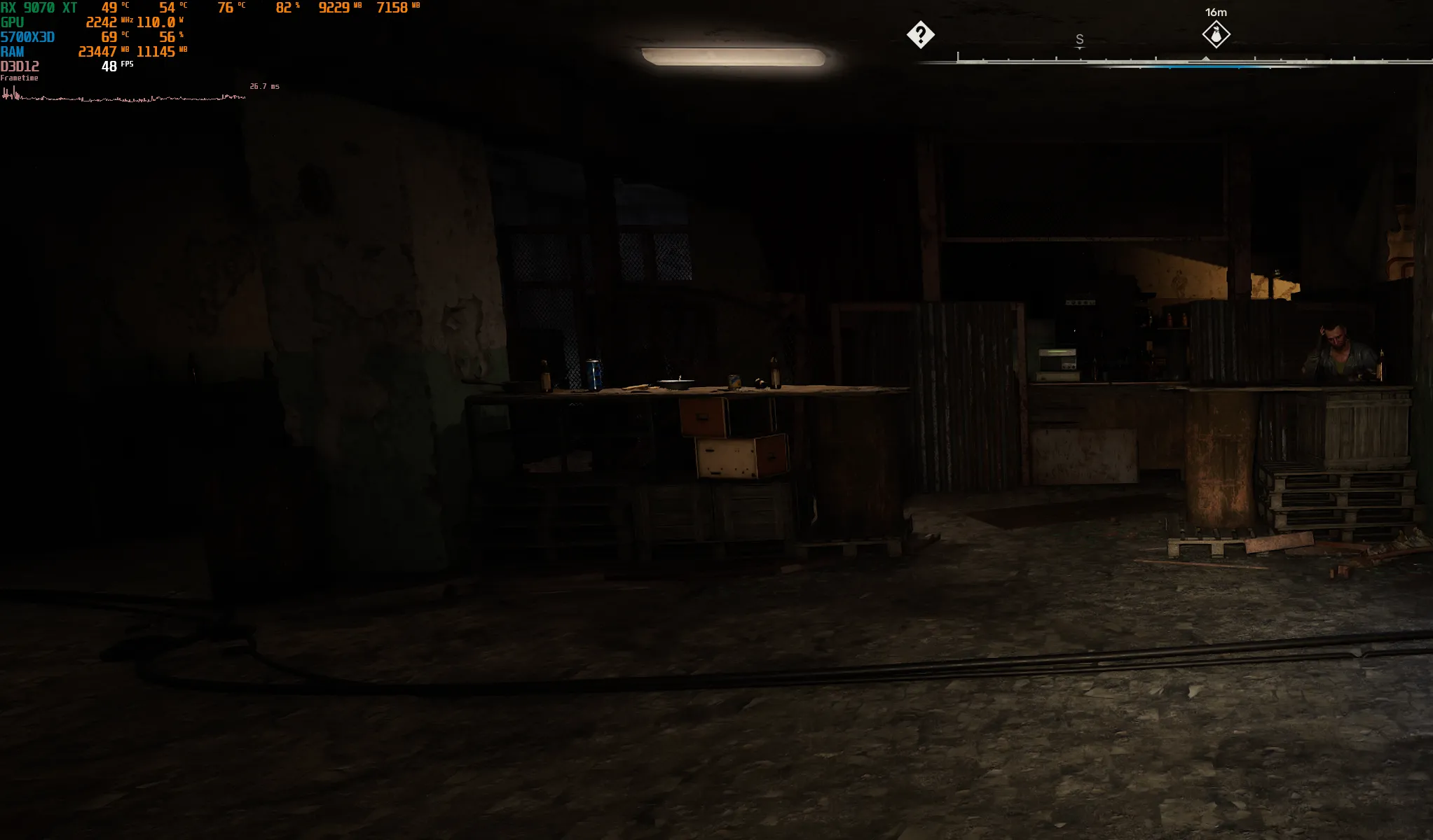 Ảnh chụp màn hình game S.T.A.L.K.E.R. 2 trong khu định cư, minh họa hiệu suất giảm sút và tình trạng nghẽn cổ chai CPU nặng ở các khu vực đông người.