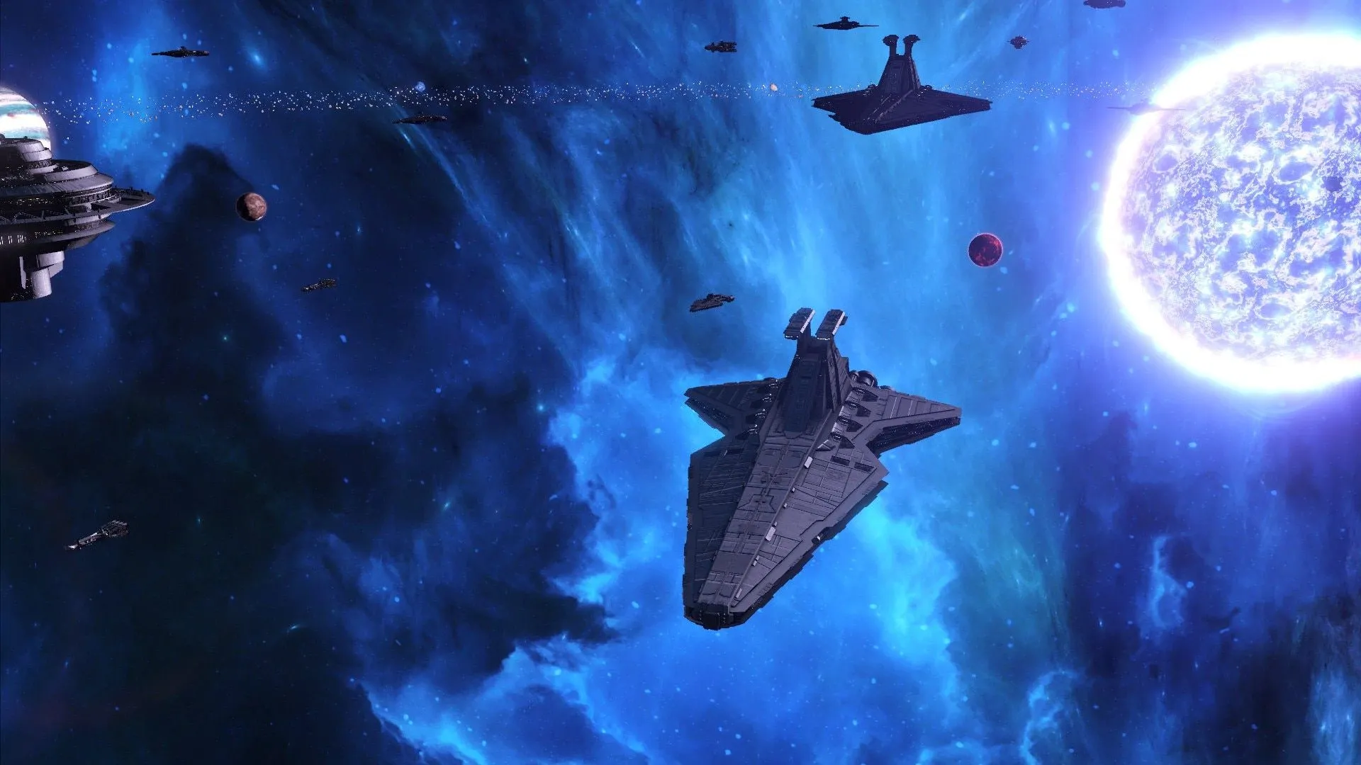 Ảnh chụp màn hình từ Stellaris với mod Star Wars: New Dawn, hiển thị vũ trụ rộng lớn và các hạm đội tàu.