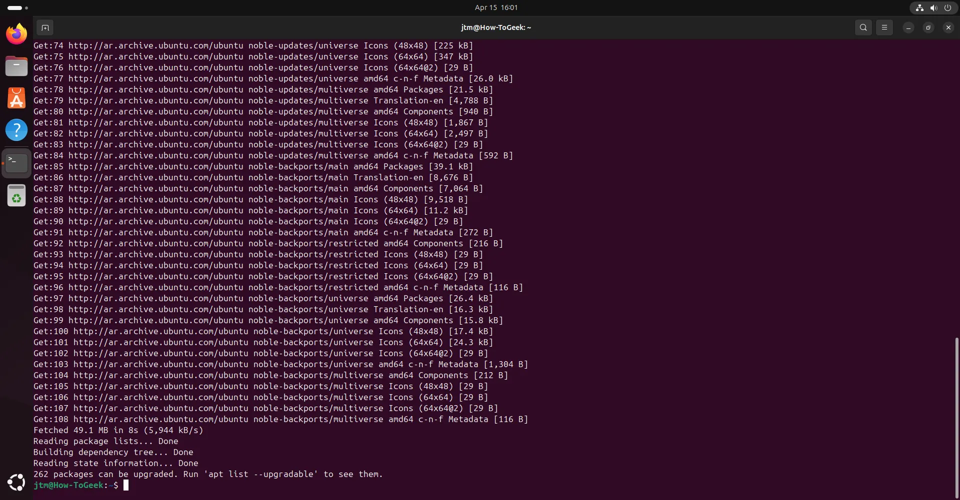 Ảnh minh họa màn hình terminal hiển thị kết quả lệnh sudo apt update trên Ubuntu