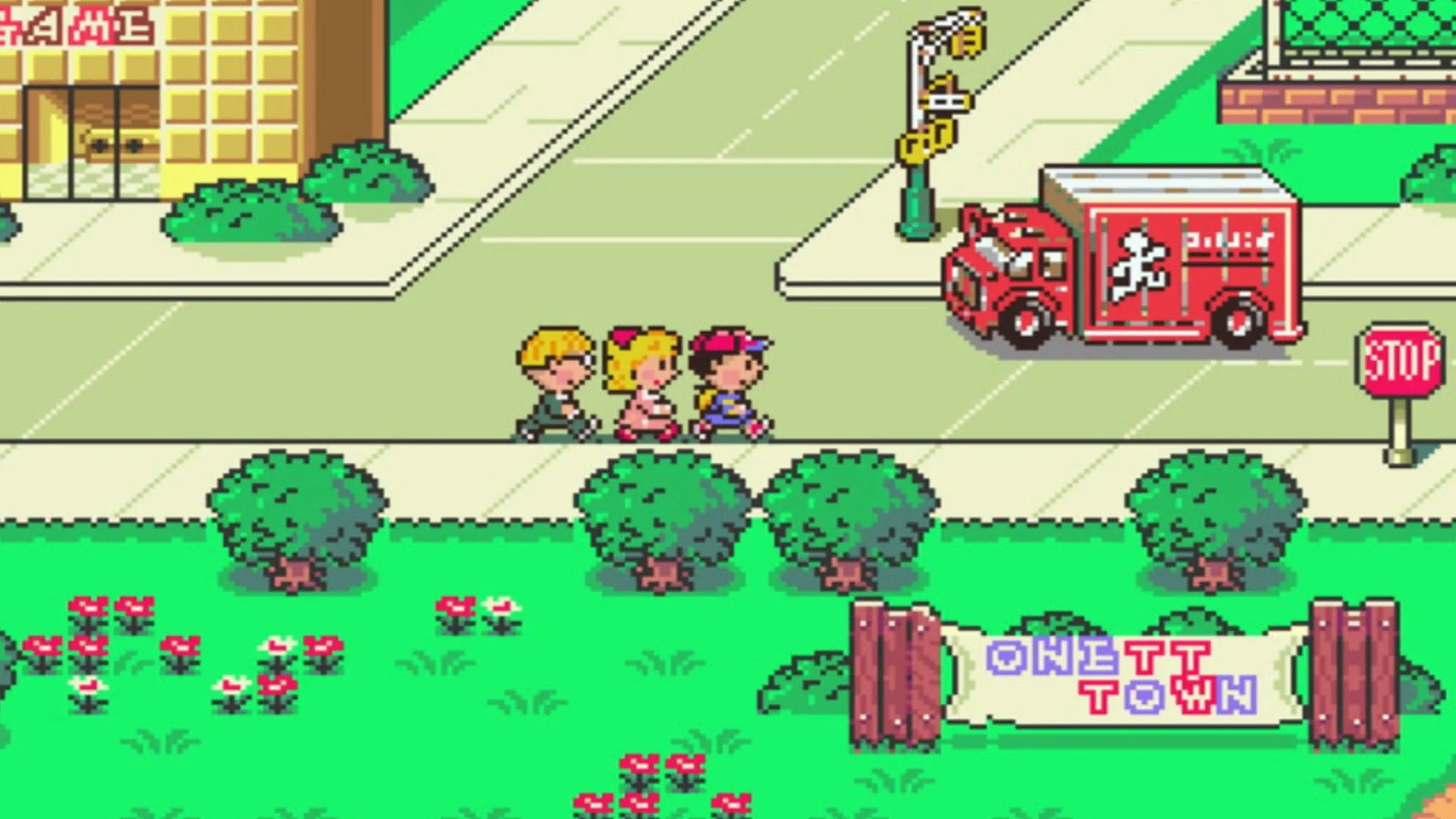 Ba đứa trẻ đi bộ trên phố trong EarthBound, bối cảnh JRPG độc đáo thập niên 90.