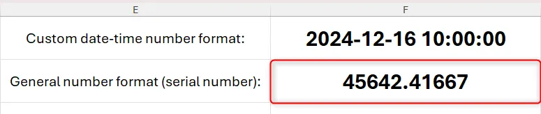 Bảng Excel với ô F2 chứa số sê-ri cho giá trị ngày và giờ kết hợp