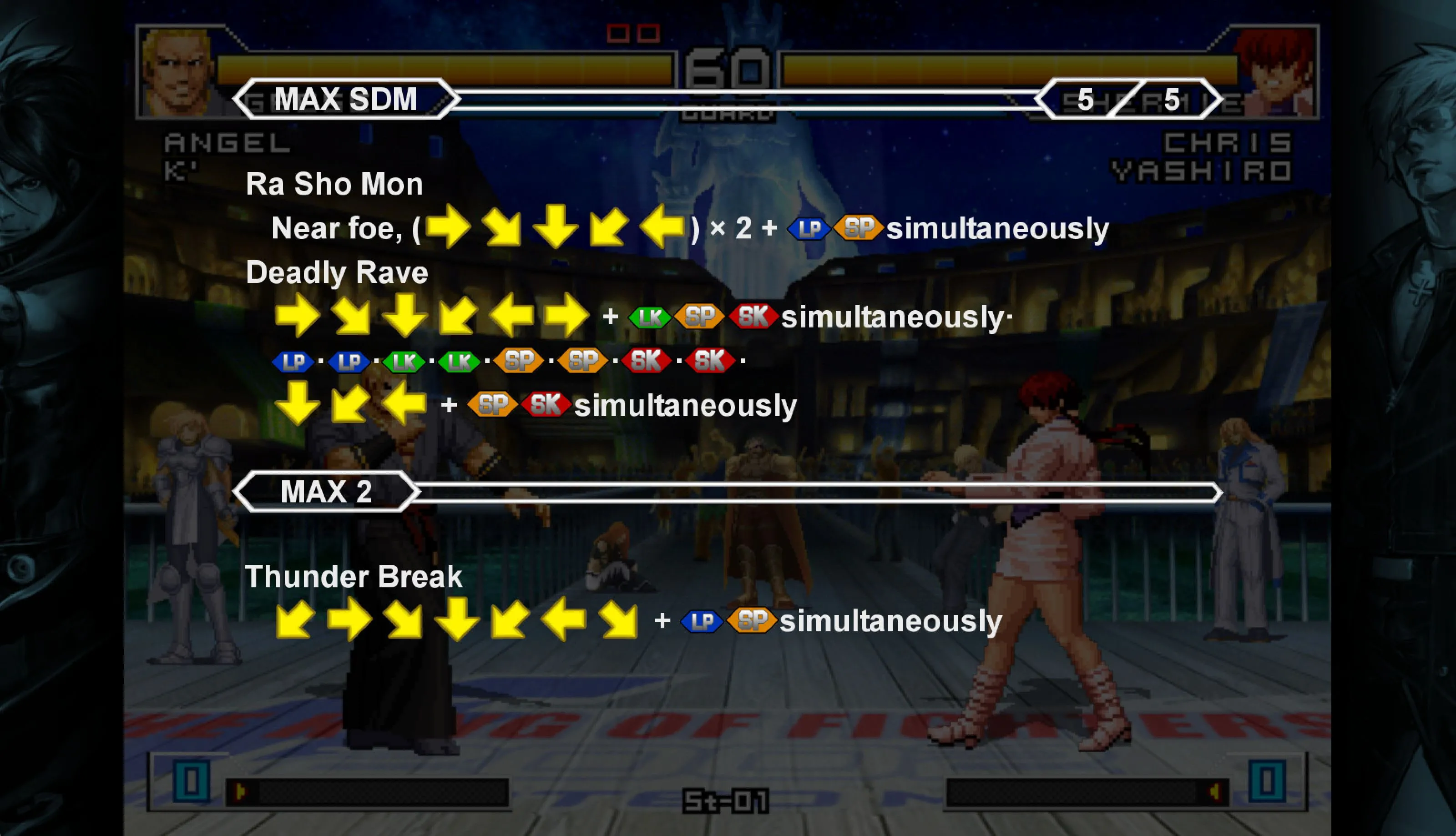 Bảng hiển thị các thao tác chiêu thức phức tạp của nhân vật Geese Howard trong The King of Fighters 2002 Ultimate Match