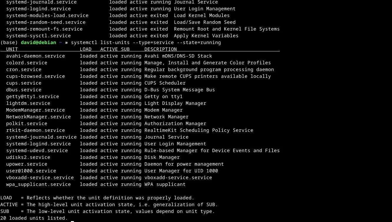 Bảng liệt kê các dịch vụ (services) đang chạy (active) trên Linux được hiển thị bằng lệnh systemctl list-units --type=service state=active.
