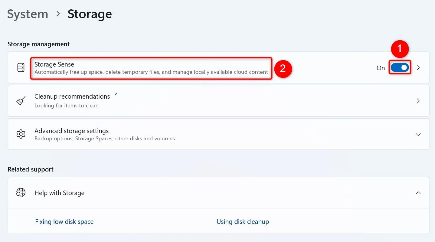 Bật tính năng Storage Sense trong cài đặt Lưu trữ của Windows 11