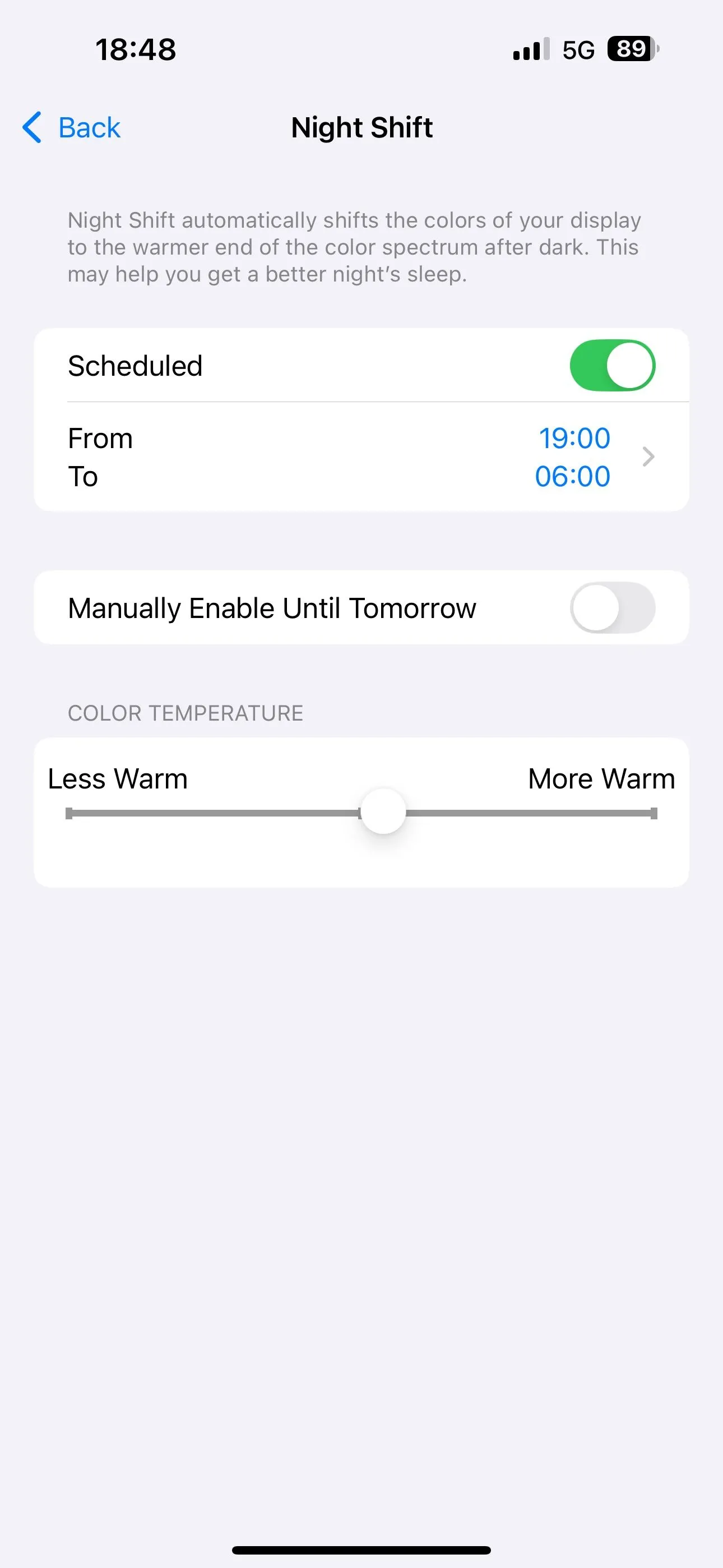 Bật tùy chọn Night Shift theo Lịch trình trong Cài đặt iOS.