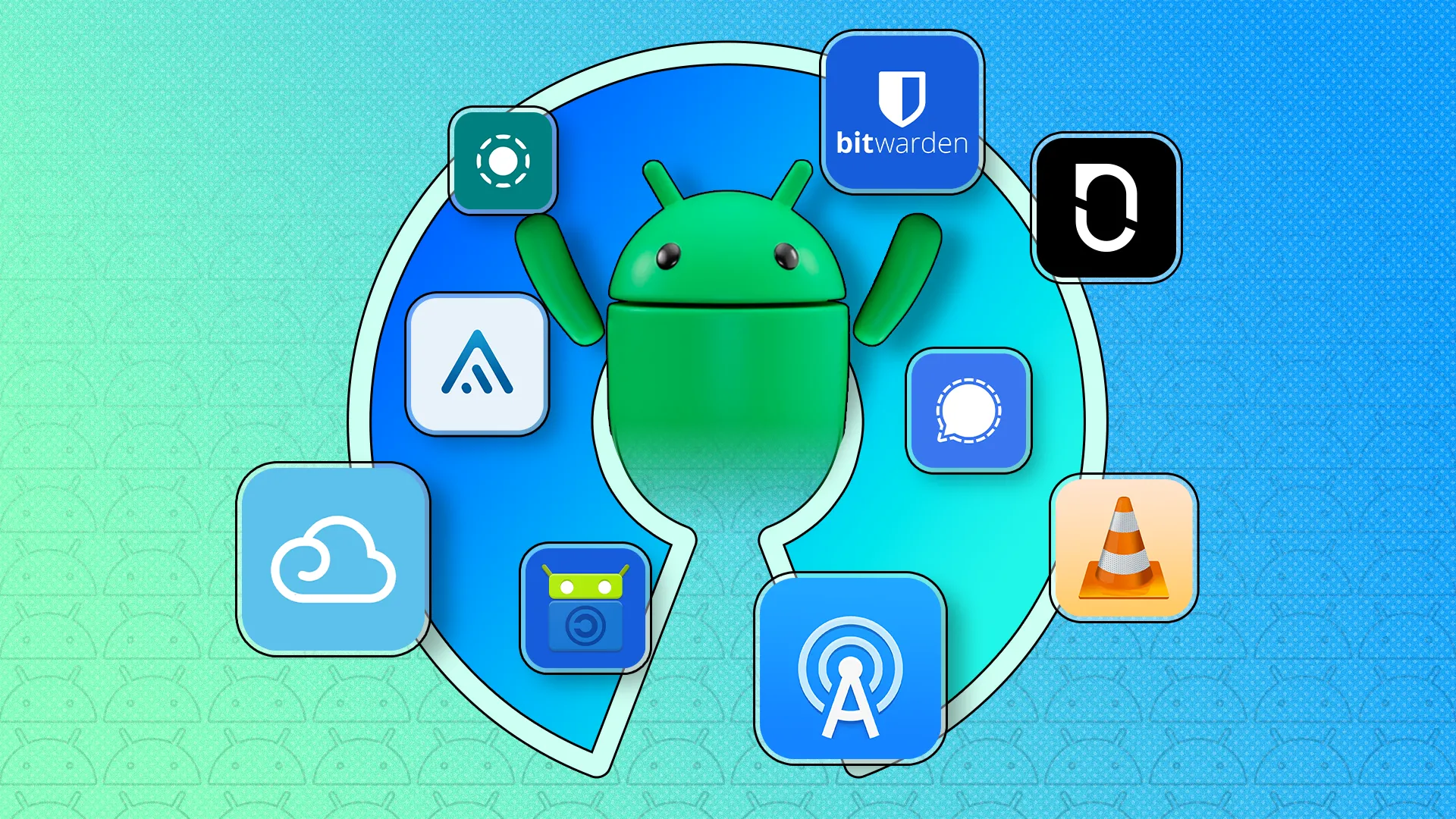 Biểu tượng Android và các logo ứng dụng thể hiện tính mở và sự đa dạng của hệ điều hành.