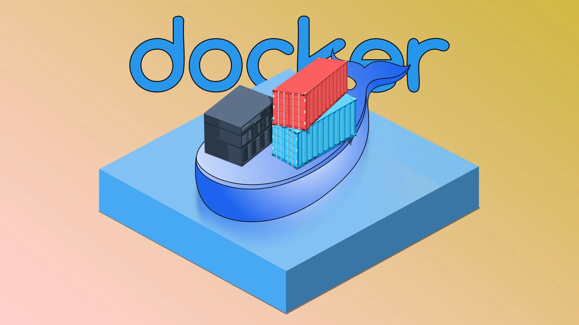 Biểu tượng Docker với cá voi và máy chủ NAS, minh họa khả năng chạy Docker trên NAS