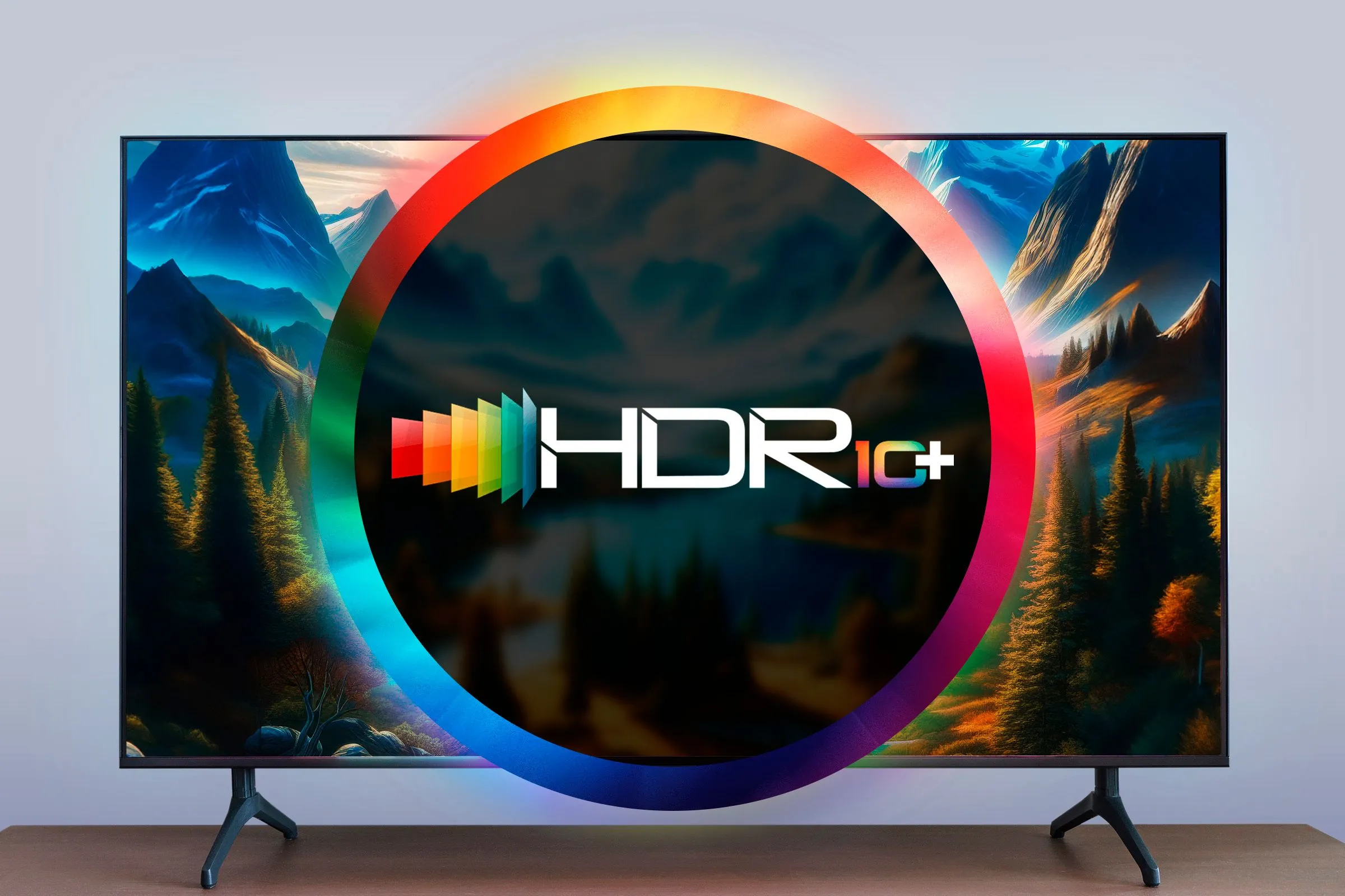 Biểu tượng HDR10+ trên màn hình TV, thể hiện khả năng hiển thị dải tương phản động rộng.