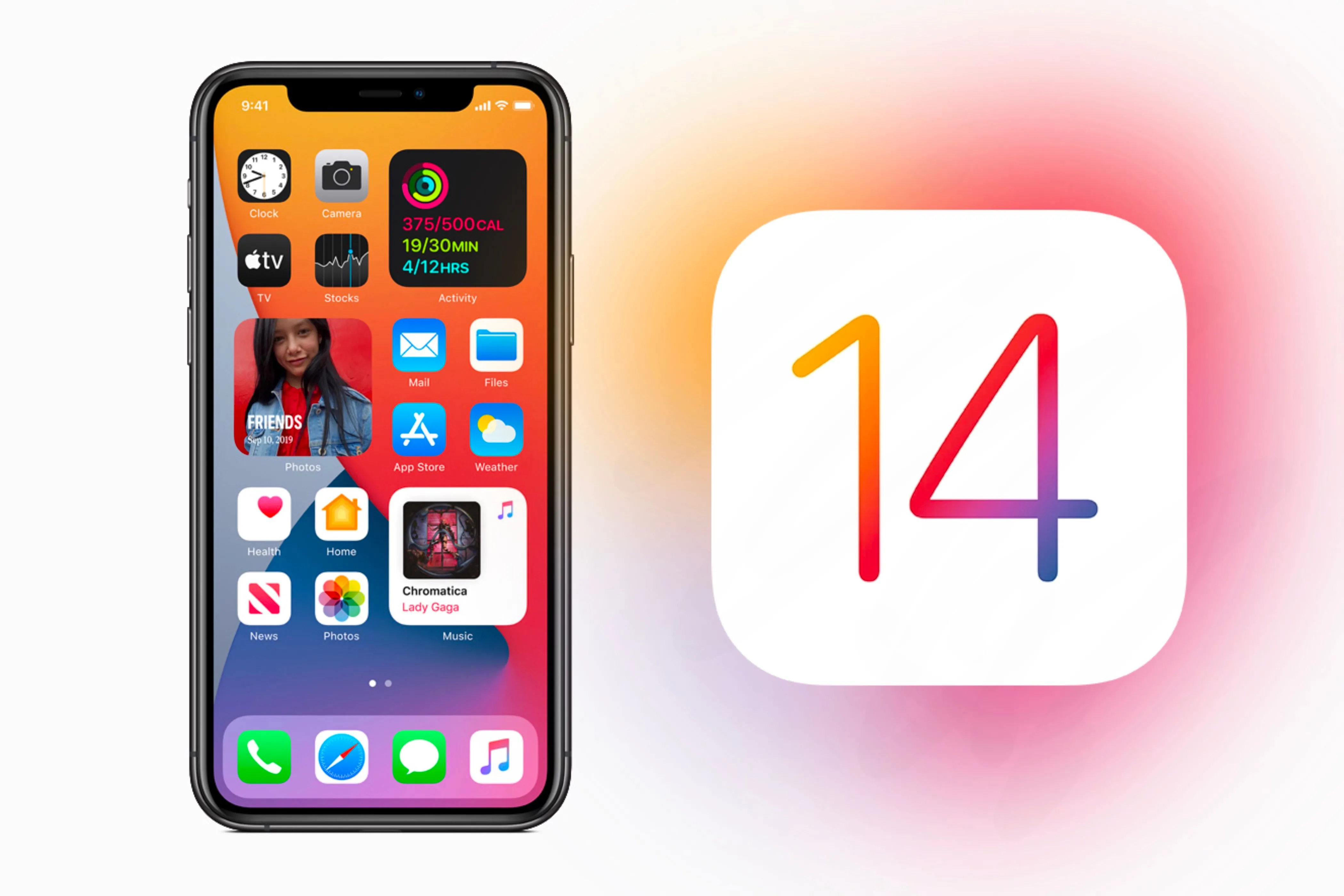 Biểu tượng iOS 14 bên cạnh iPhone đang chạy hệ điều hành này.
