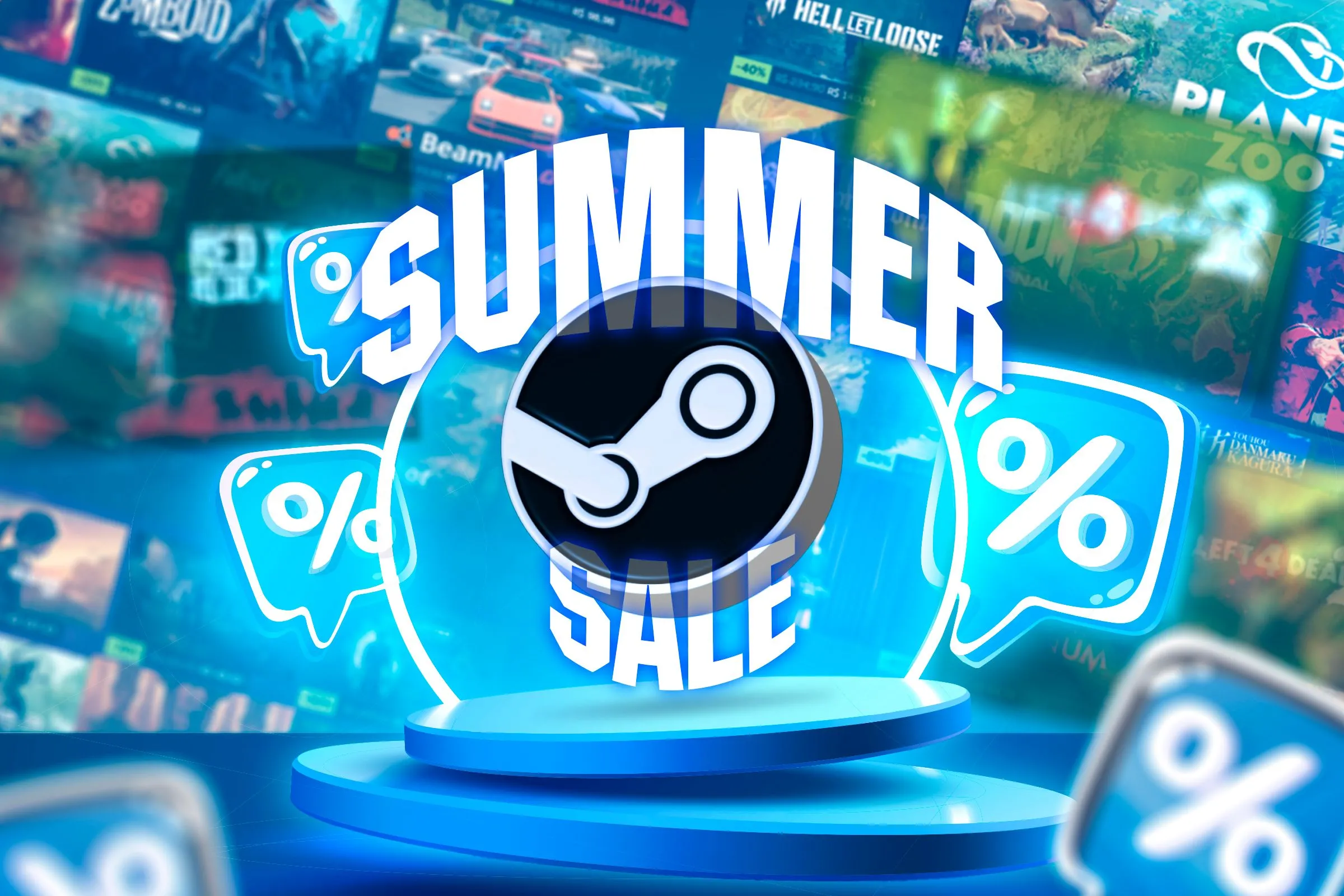 Biểu tượng Steam trên bục vinh quang, bao quanh bởi các biểu tượng giảm giá và game đang khuyến mãi, minh họa ưu đãi game PC.