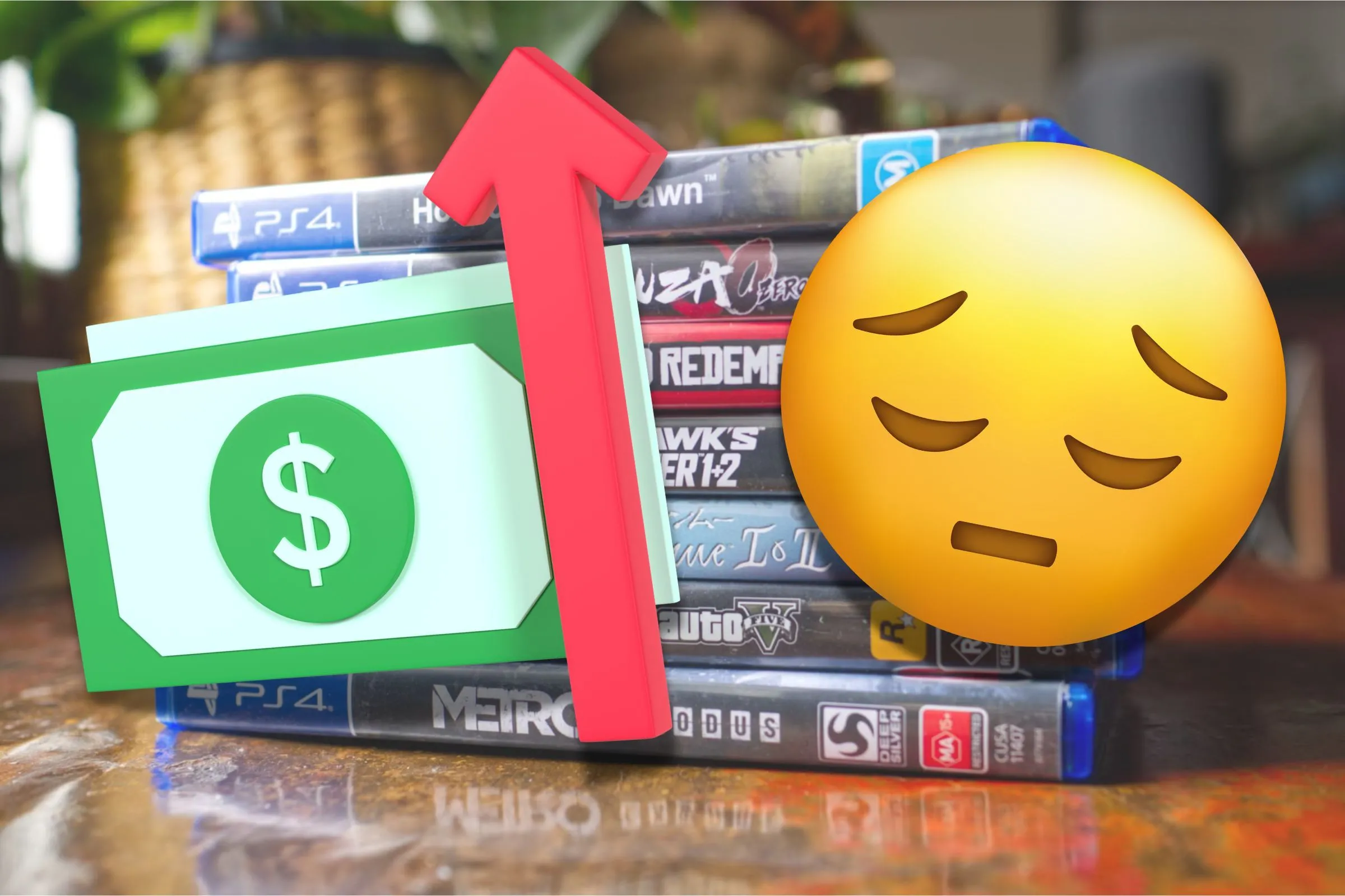 Bộ sưu tập đĩa game PS4 xếp chồng lên nhau, biểu tượng lạm phát và cảm xúc buồn, thể hiện thách thức sở hữu game vật lý