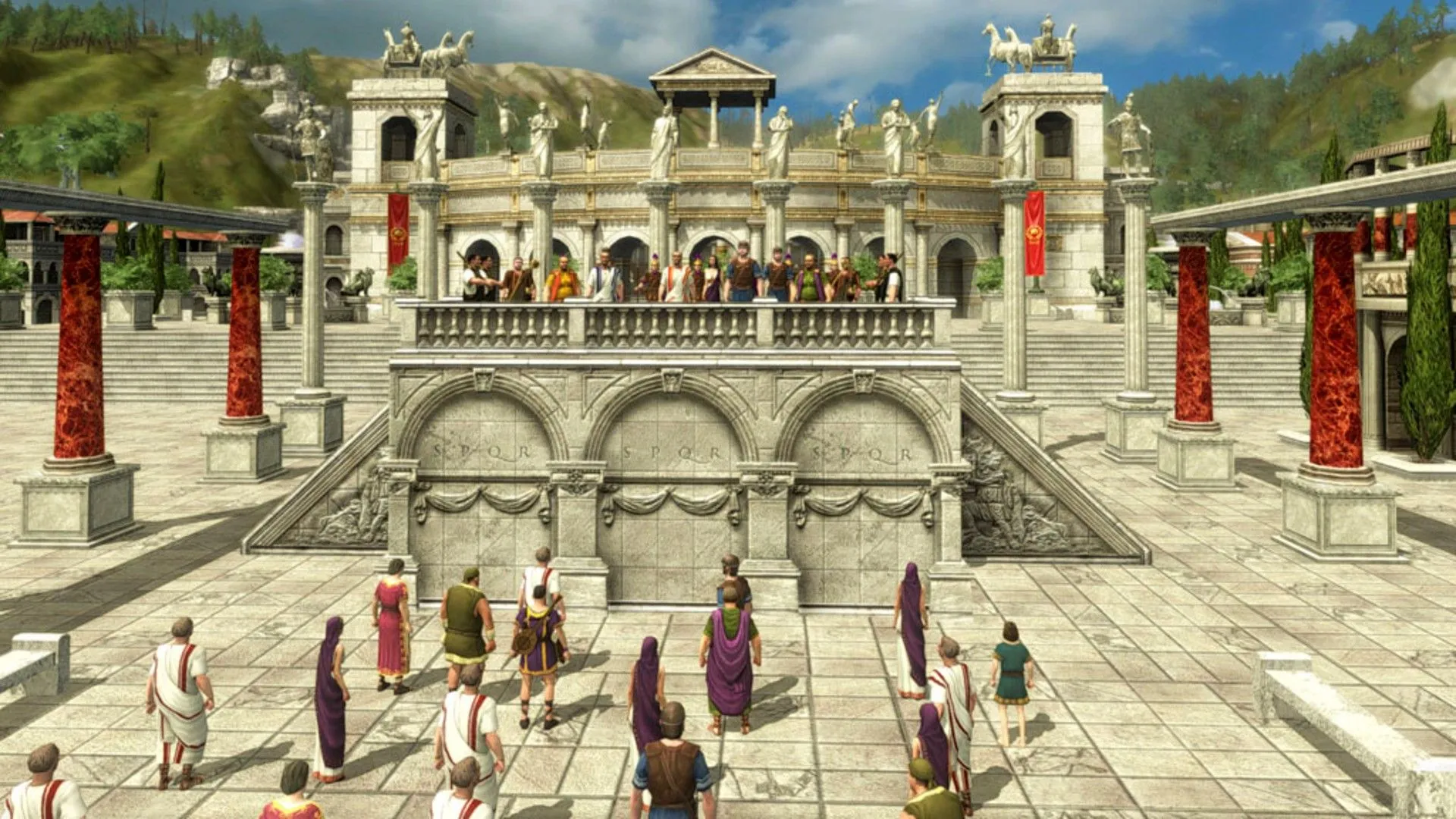 Các chính trị gia La Mã đang diễn thuyết trước dân chúng trong game Grand Ages: Rome, thể hiện yếu tố quản lý thành phố và chính trị.