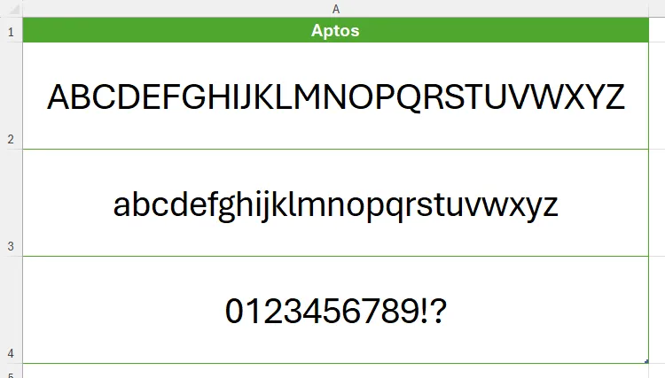 Các ký tự chữ cái và số được hiển thị bằng font Aptos mới trên trang tính Excel