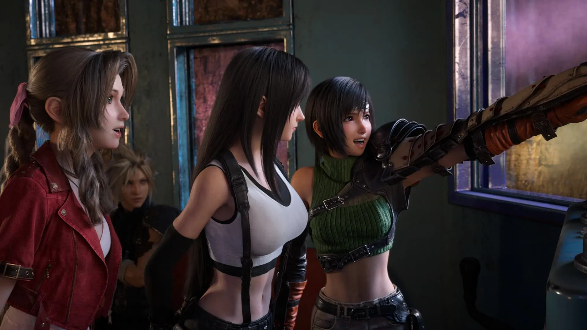 Các nhân vật Aerith, Tifa, Yuffie và Cloud từ Final Fantasy VII Rebirth tiến vào khu giải trí Gold Saucer, biểu tượng của series JRPG này.
