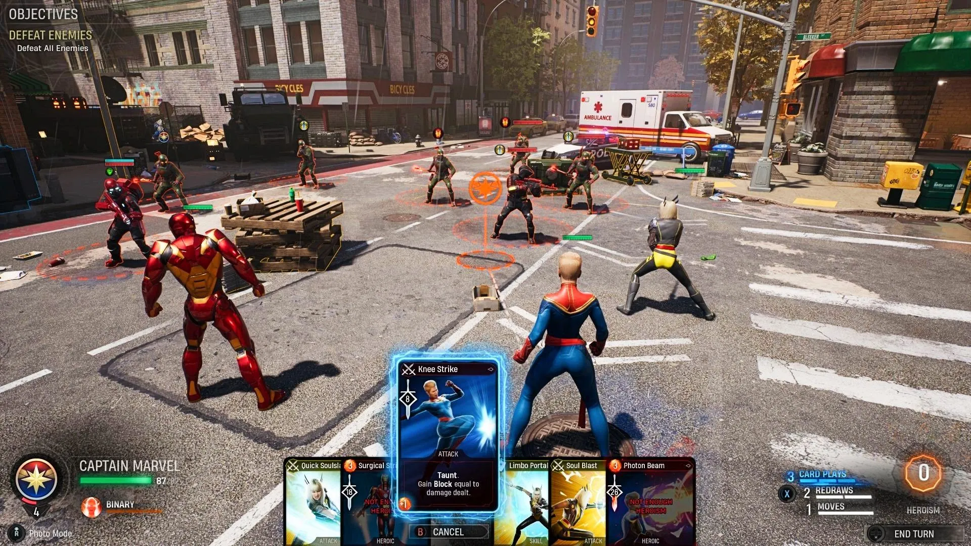 Các siêu anh hùng Marvel chiến đấu chống lại phản diện trong Marvel's Midnight Suns, thể hiện lối chơi chiến thuật thẻ bài.