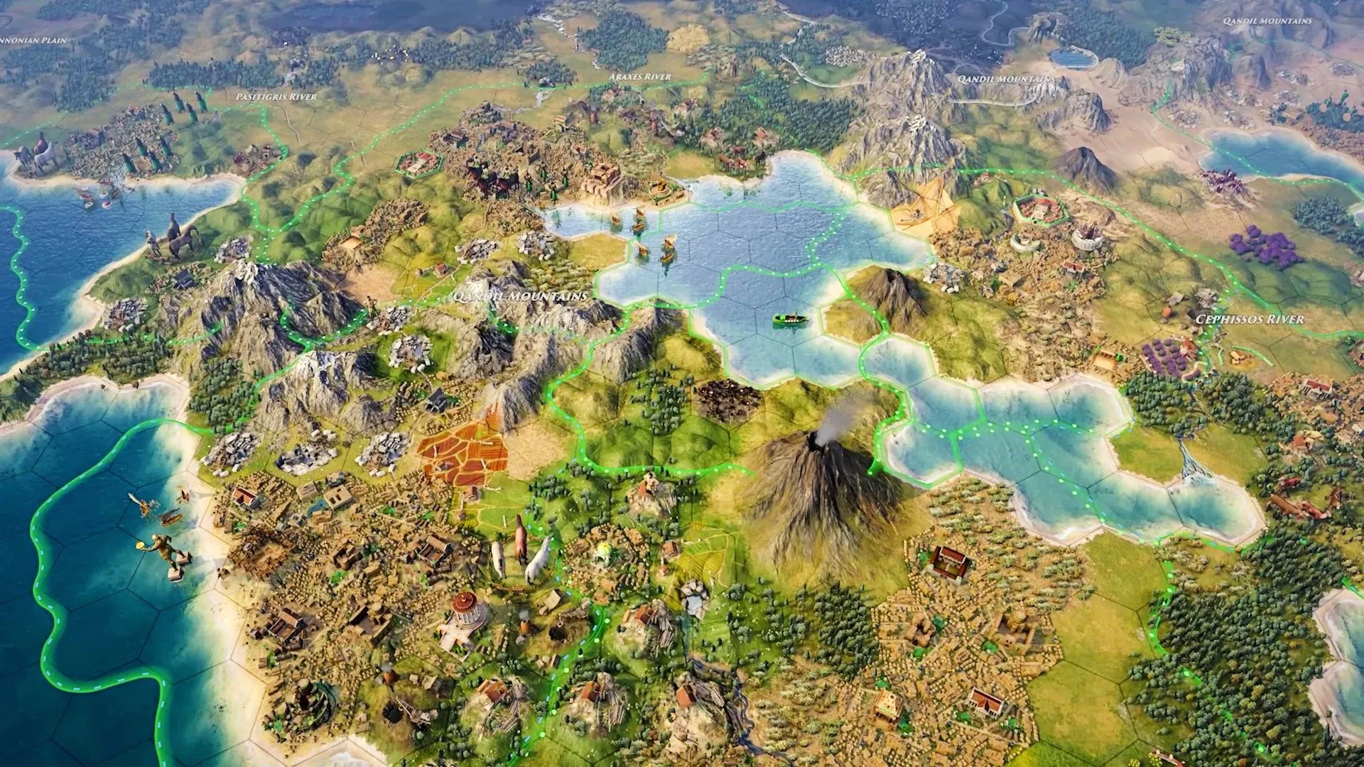Các thành phố trên bản đồ trong Old World, thể hiện yếu tố chiến lược 4X và quản lý đế chế cổ đại.