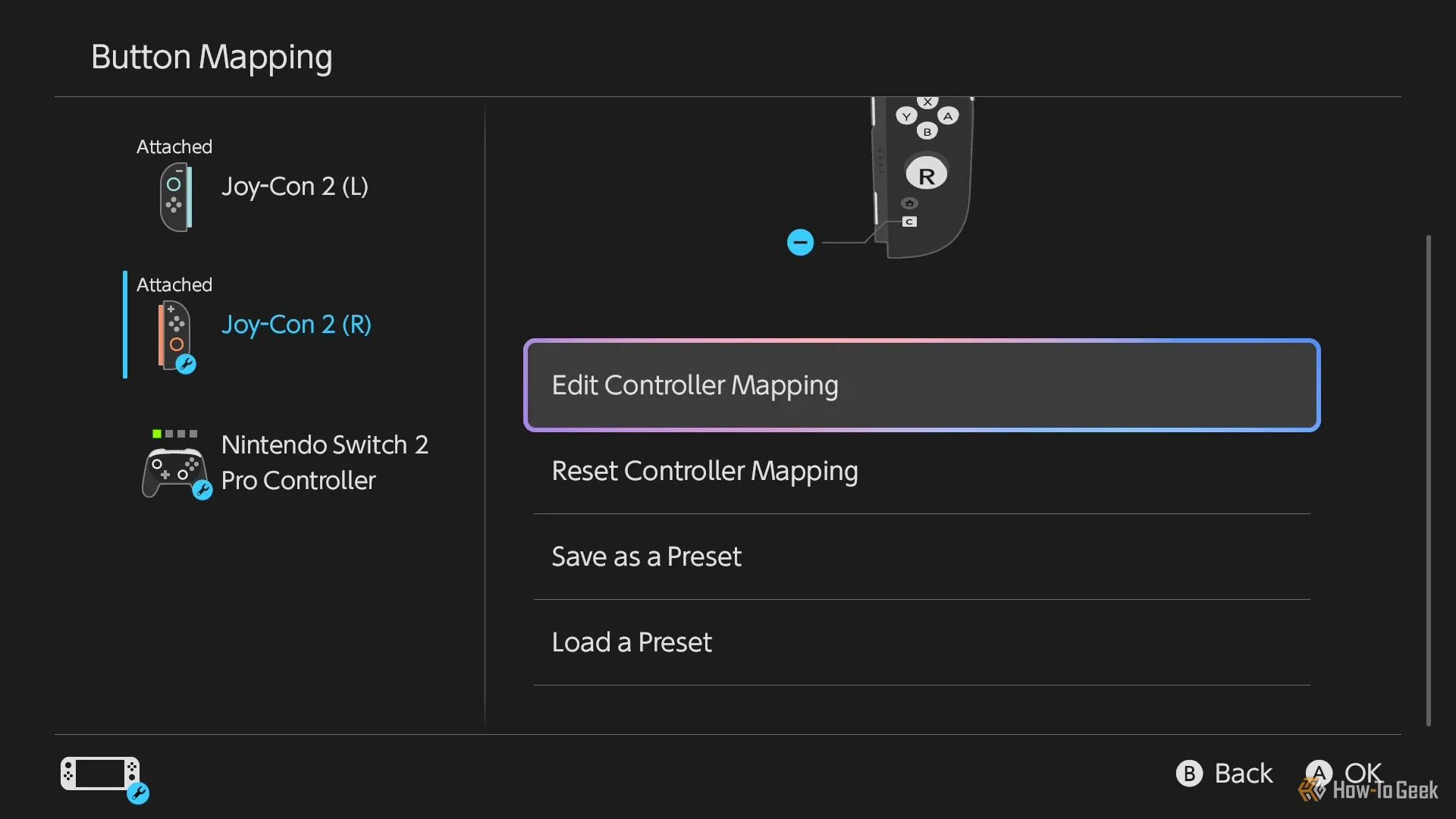 Các tùy chọn tay cầm Joy-Con 2 và Pro Controller trong menu ánh xạ nút của Nintendo Switch 2.