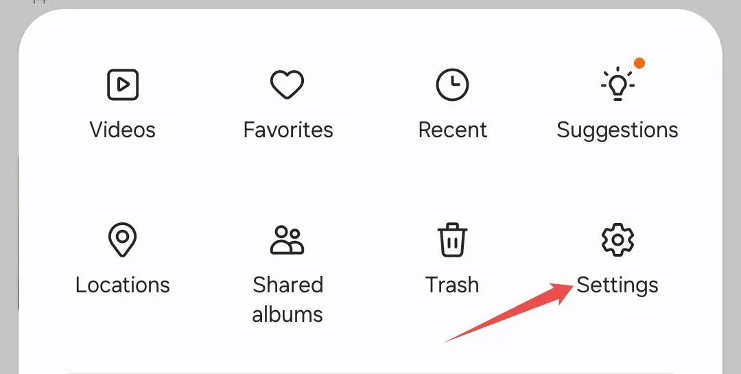 Các tùy chọn trong menu hamburger của ứng dụng Thư viện Samsung