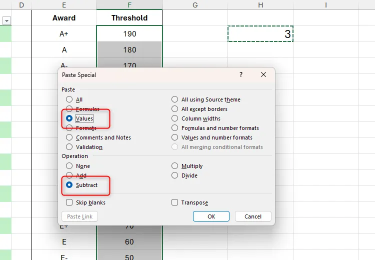 Các tùy chọn &quot;Values&quot; và &quot;Subtract&quot; được đánh dấu trong hộp thoại Paste Special của Excel