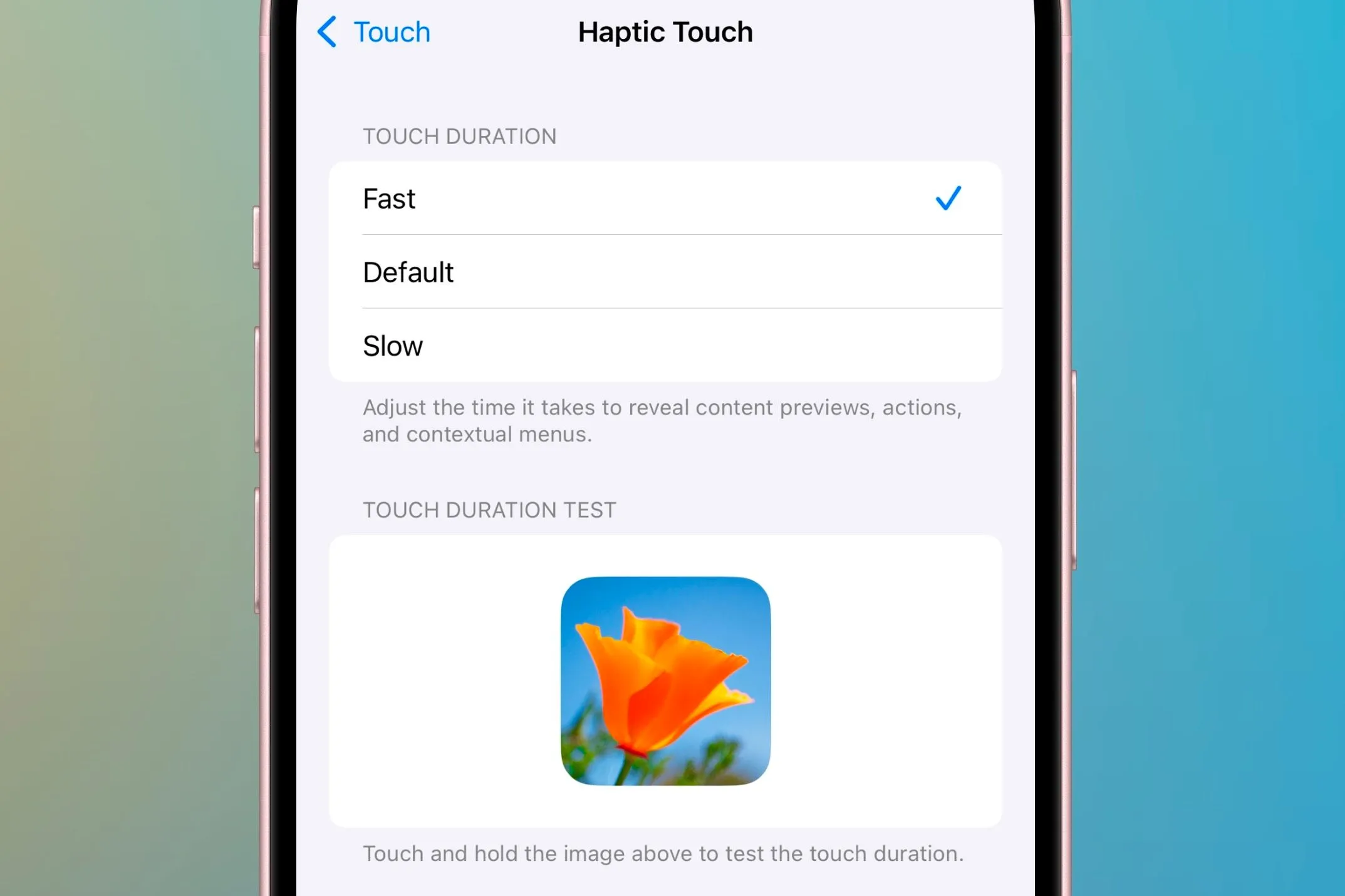 Cài đặt Haptic Touch với các tùy chọn tốc độ phản hồi
