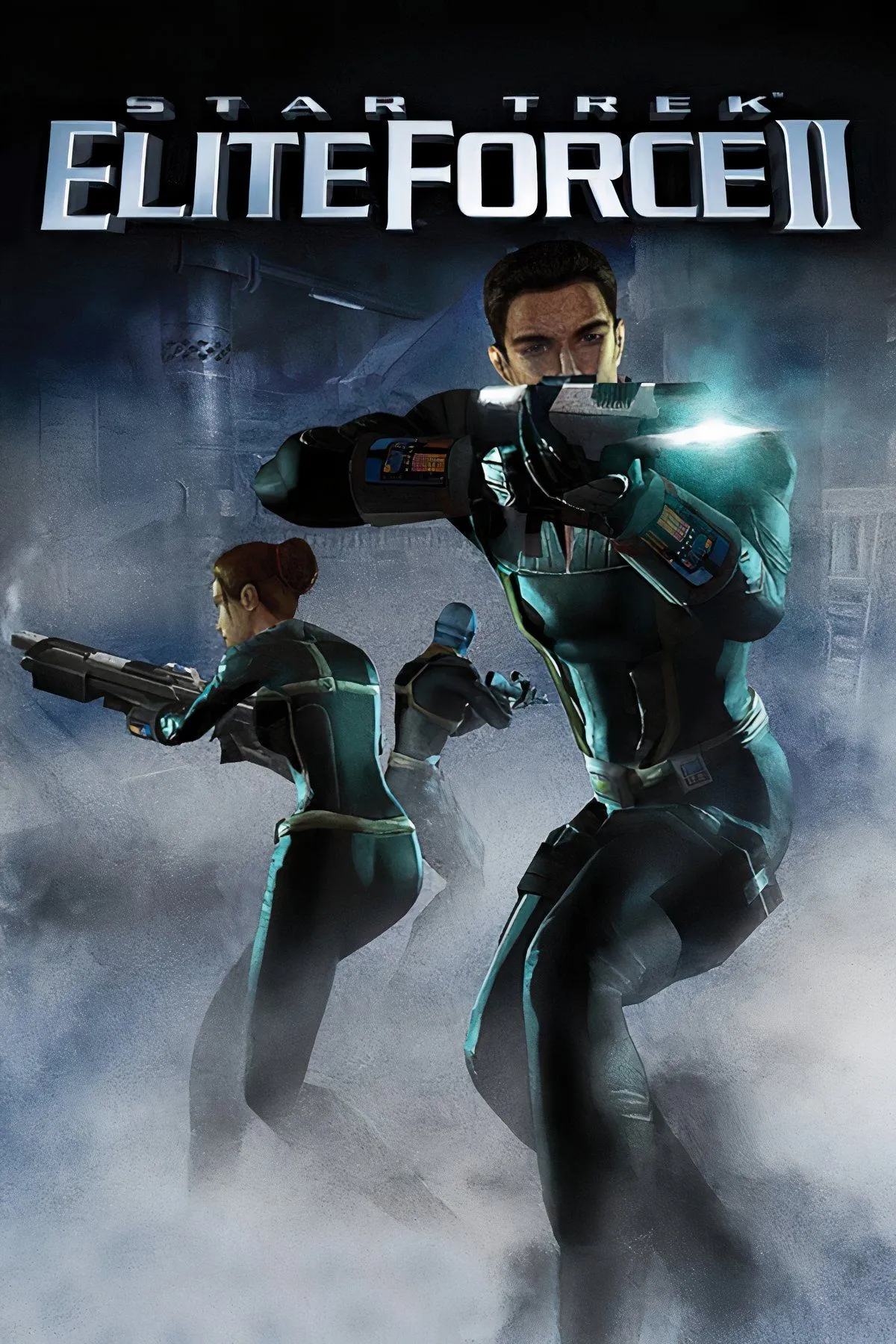 Cảnh chiến đấu góc nhìn thứ nhất (FPS) bên trong tàu Enterprise-E trong game Star Trek Elite Force II