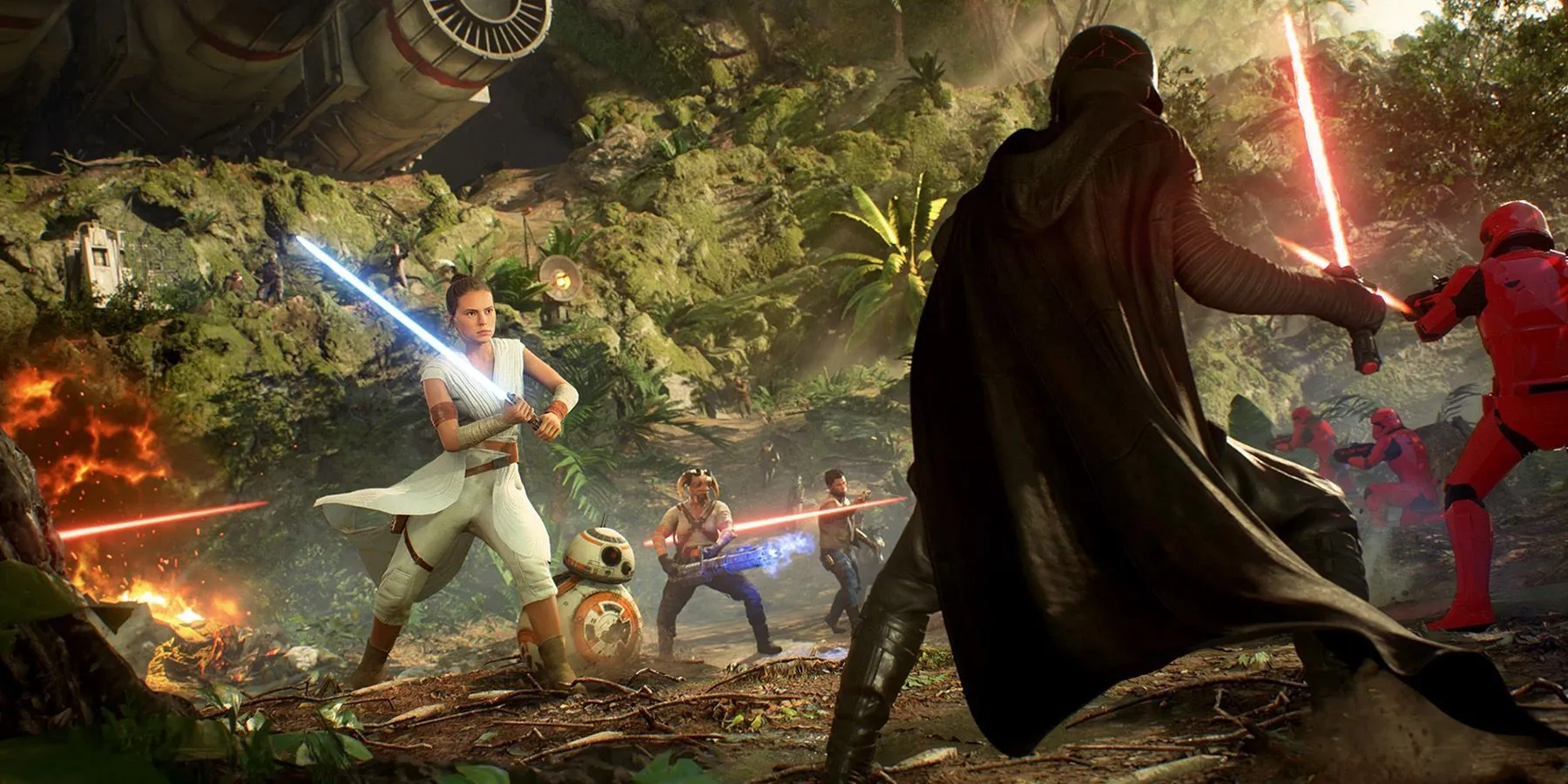 Cảnh chiến đấu hoành tráng trong Star Wars Battlefront II, nơi người chơi PC có thể tùy biến nhân vật với nhiều skin mod.