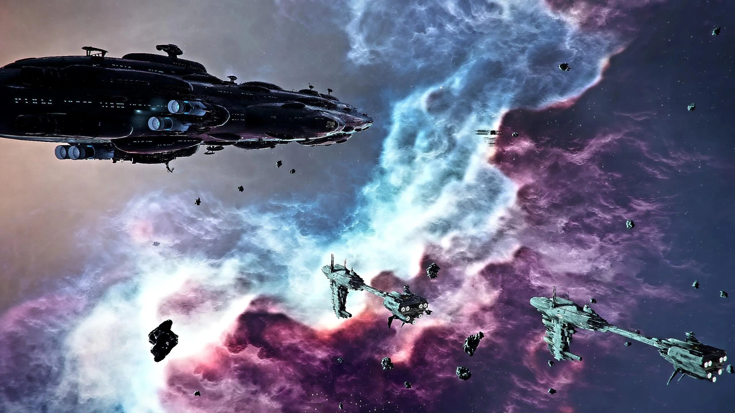 Cảnh chiến đấu không gian trong mod Star Wars: Interworlds của X4: Foundations, thể hiện sự hoành tráng của Star Destroyer.