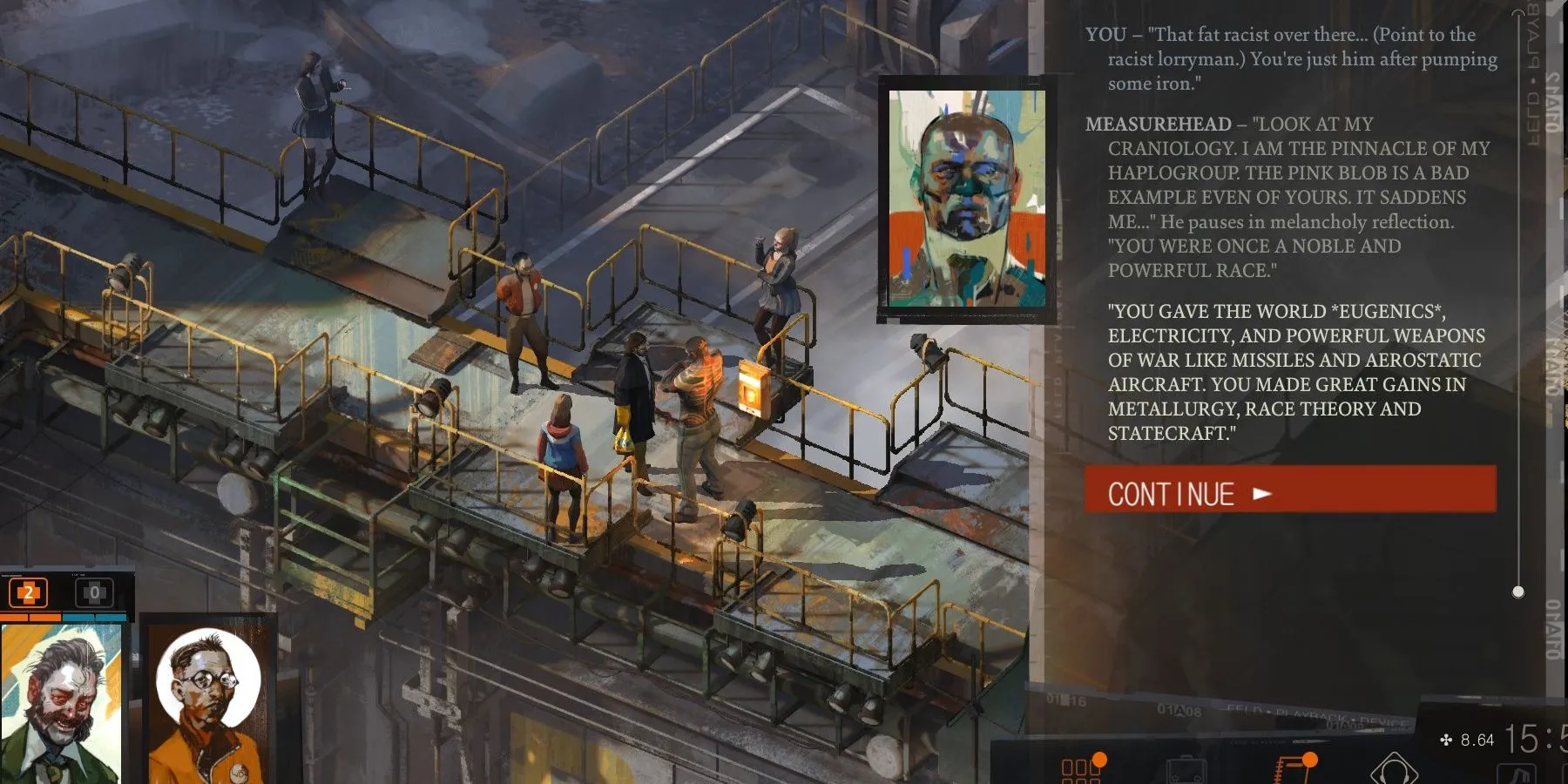 Cảnh gameplay của Disco Elysium, thể hiện đồ họa isometric độc đáo.