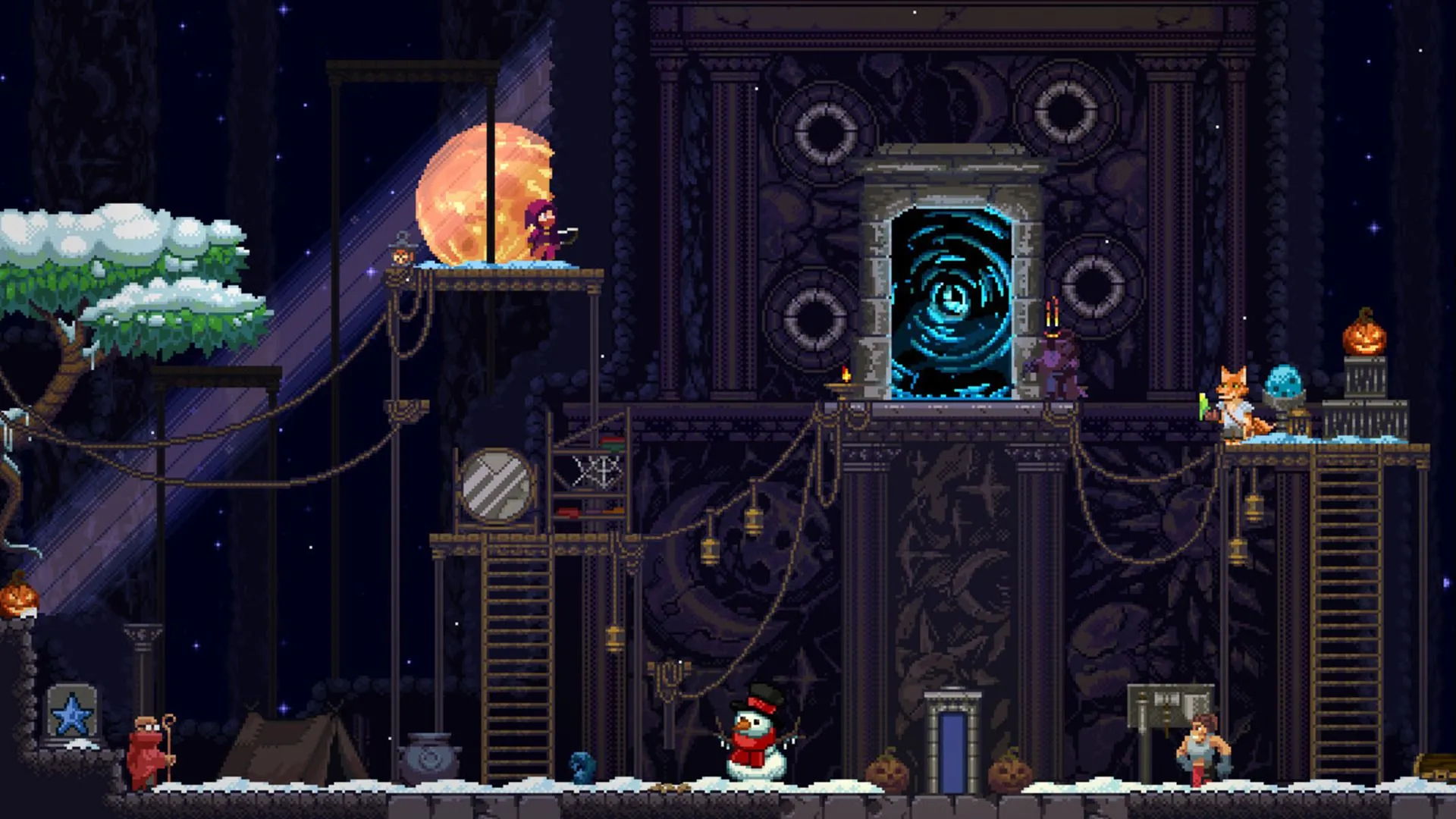 Cảnh gameplay của Rogue Worlds với nhân vật đang di chuyển trong một hầm ngục, minh họa lối chơi platformer roguelike kết hợp yếu tố Metroidvania.