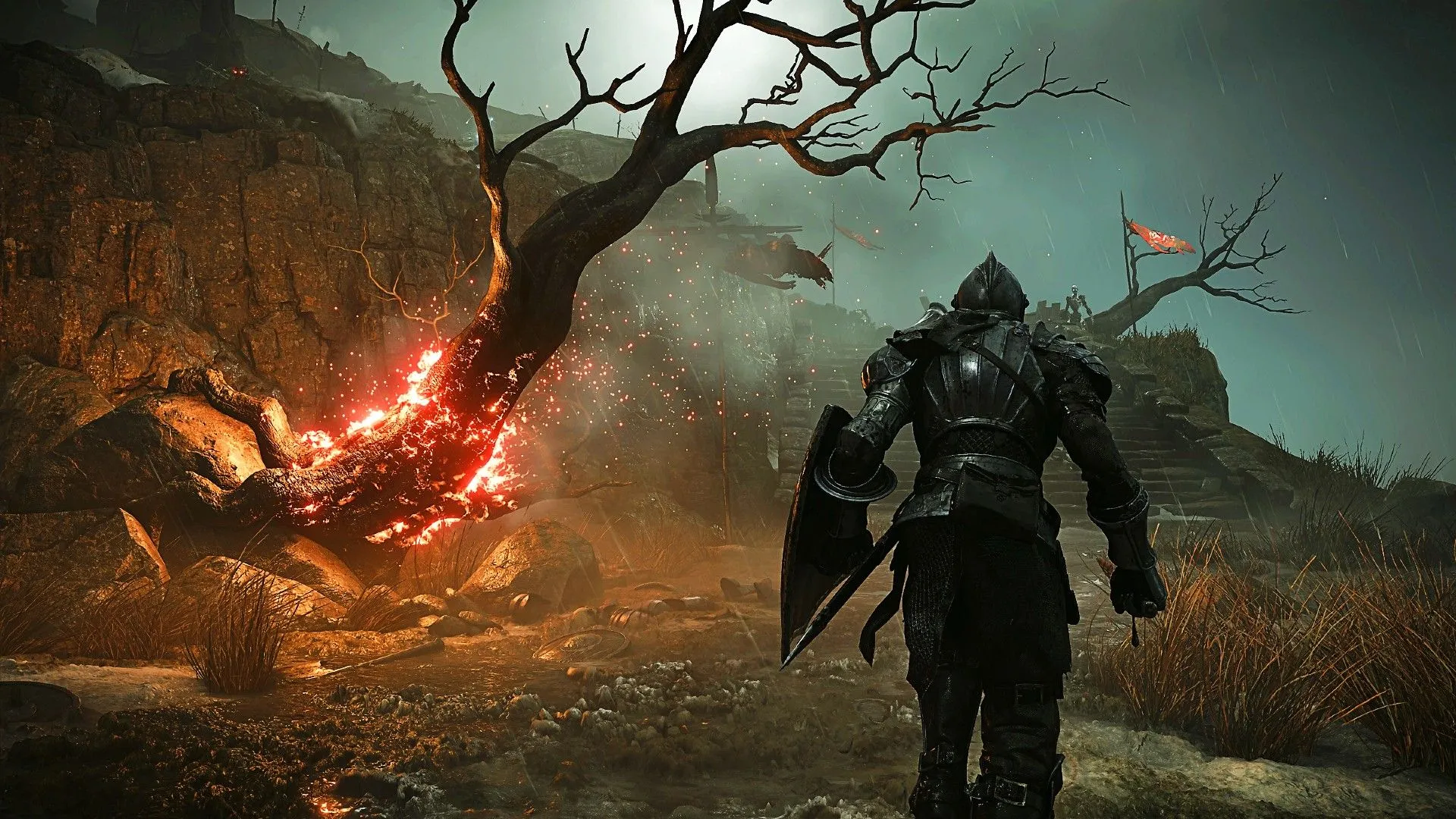 Cảnh một người chơi trong khu vực Shrine of Storms của Demon's Souls Remake
