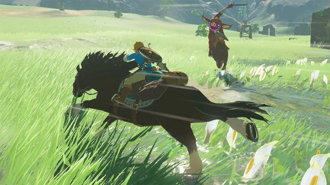 Cảnh quay ấn tượng từ tựa game The Legend of Zelda Breath of the Wild, thể hiện thế giới mở rộng lớn và đồ họa đẹp mắt của Nintendo Switch.