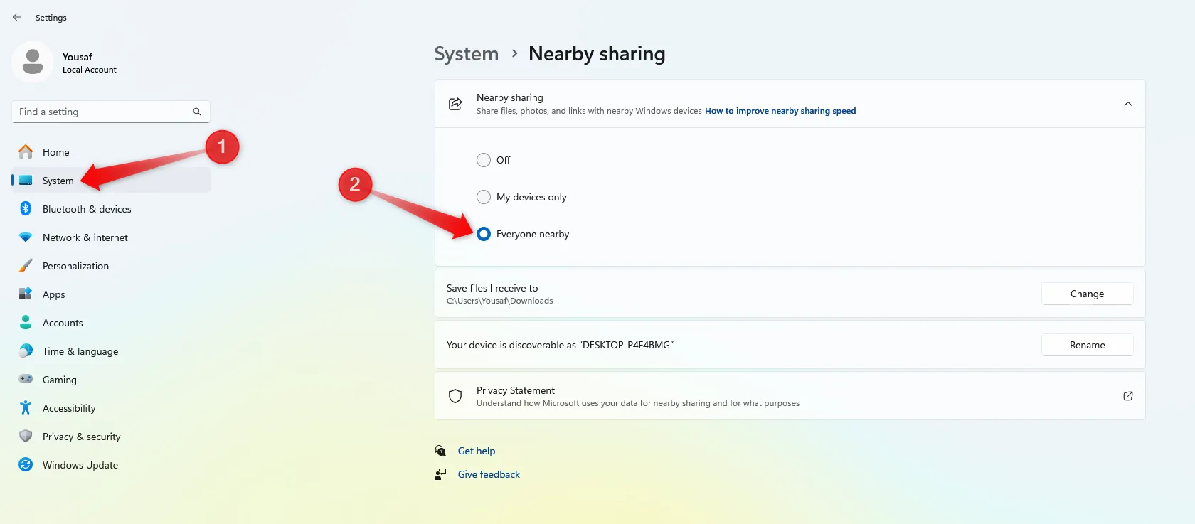 Cấp quyền truy cập cho mọi người qua tính năng Nearby Sharing trên Windows