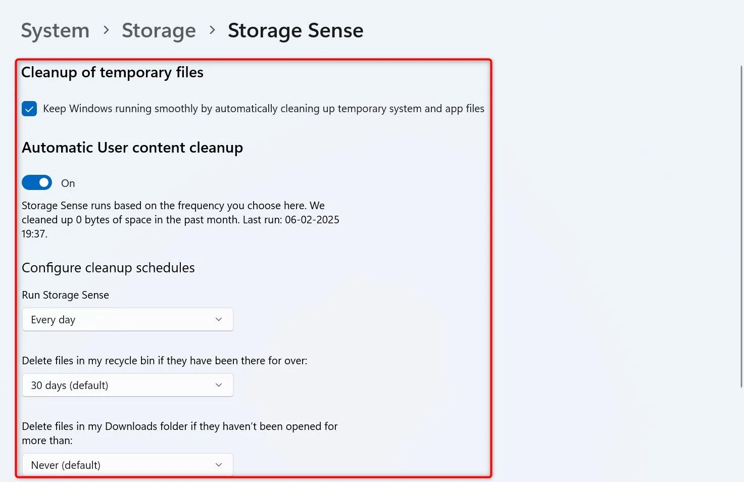Cấu hình tùy chọn dọn dẹp và tần suất chạy của Storage Sense trong Windows 11