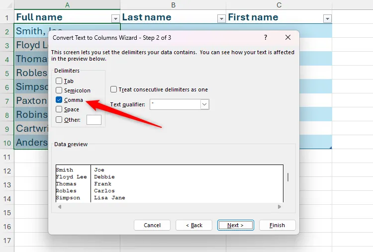 Chỉ chọn dấu phẩy làm dấu phân cách để tách họ tên trong Excel
