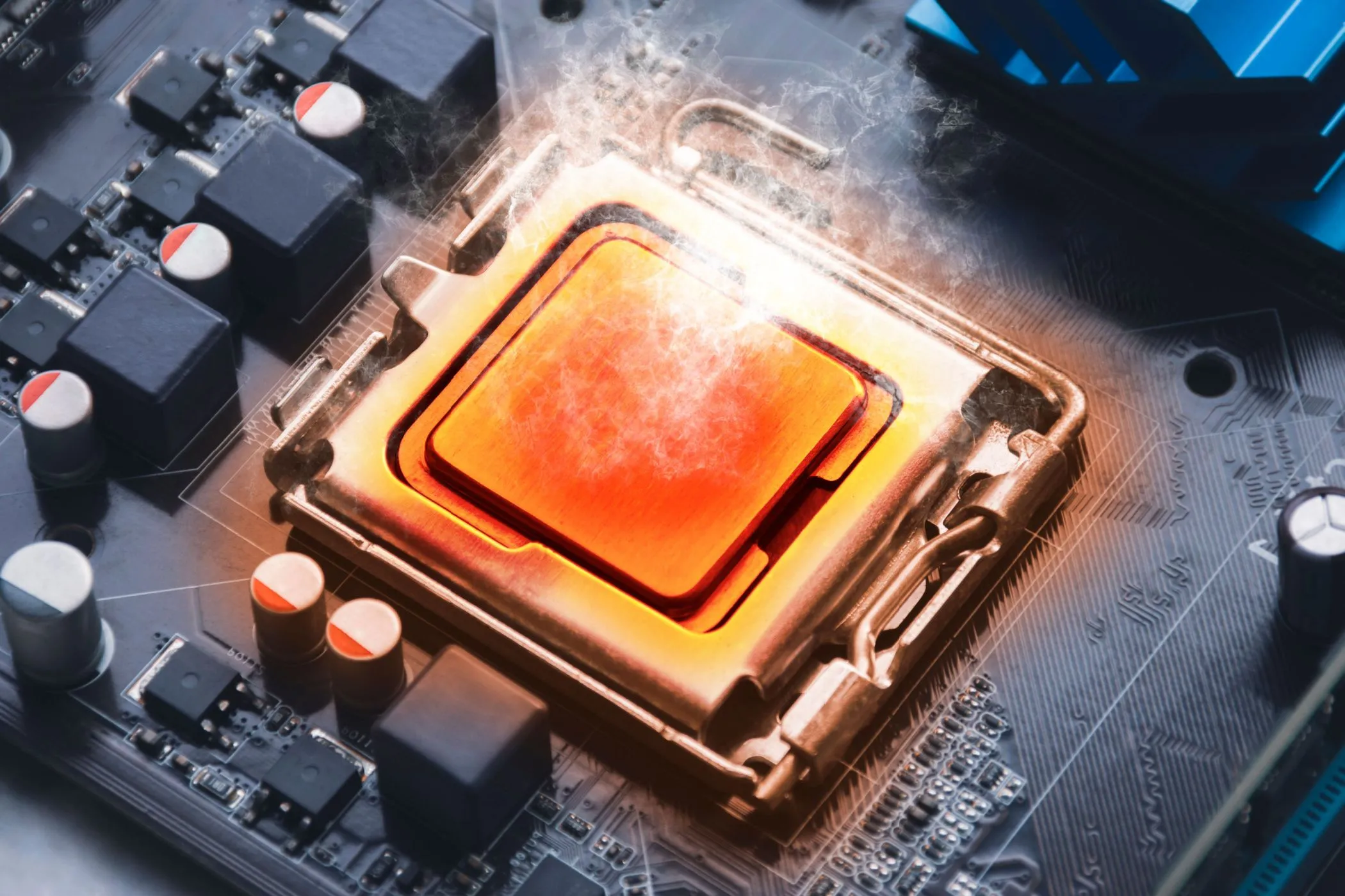 Chip CPU nóng đỏ với khói bốc lên trên bo mạch chủ, biểu tượng cho nhiệt lượng tỏa ra từ NAS