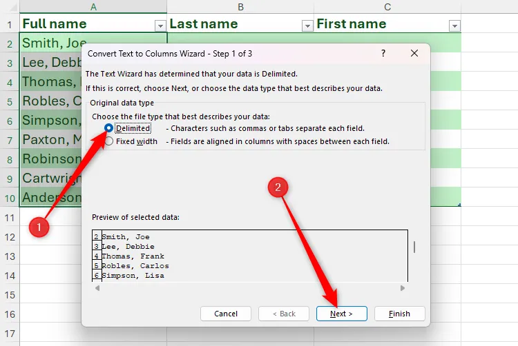 Chọn tùy chọn Delimited trong hộp thoại Convert Text to Columns của Excel