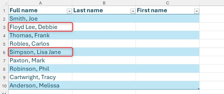 Danh sách tên trong Excel với trường hợp họ hoặc tên có nhiều từ
