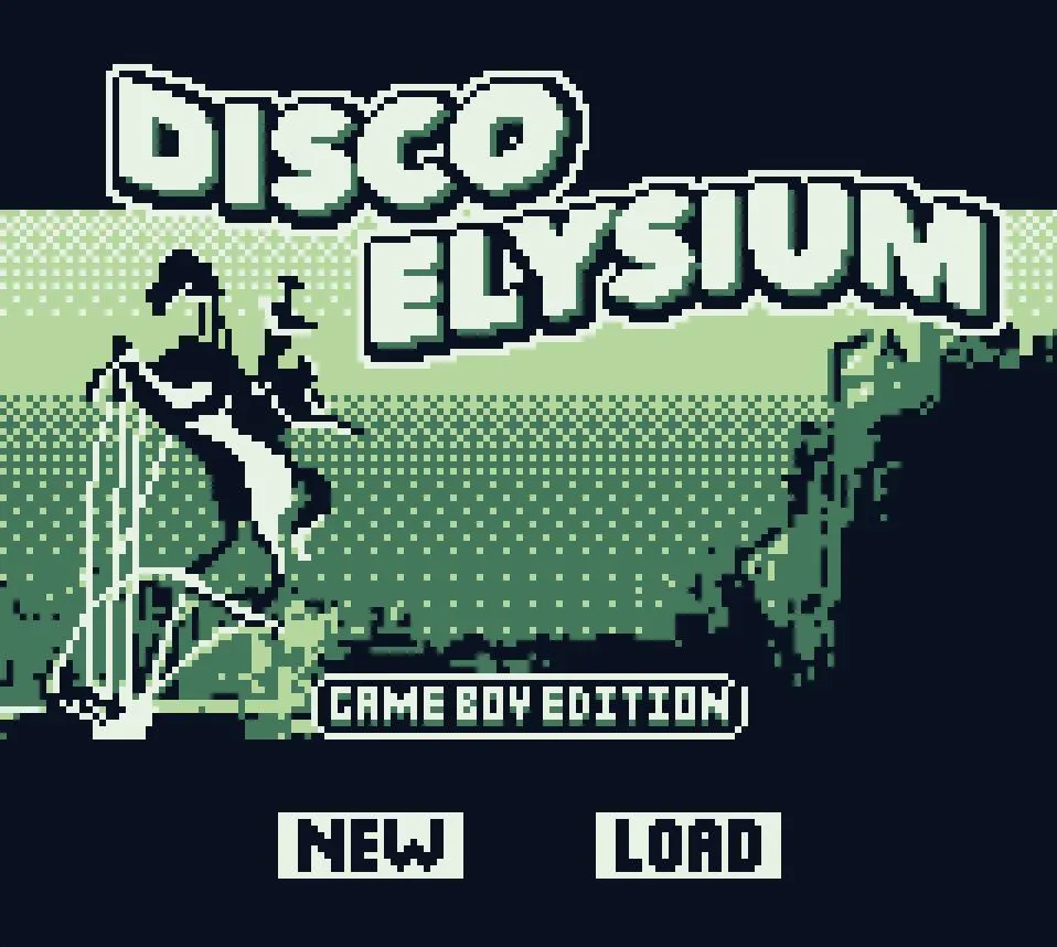 Demo game Disco Elysium phiên bản demake trên giao diện Game Boy cổ điển với đồ họa đơn sắc pixel.
