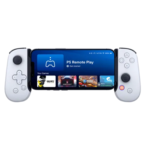 Điện thoại di động gắn tay cầm chơi game Backbone One PlayStation Edition đang hiển thị ứng dụng Backbone