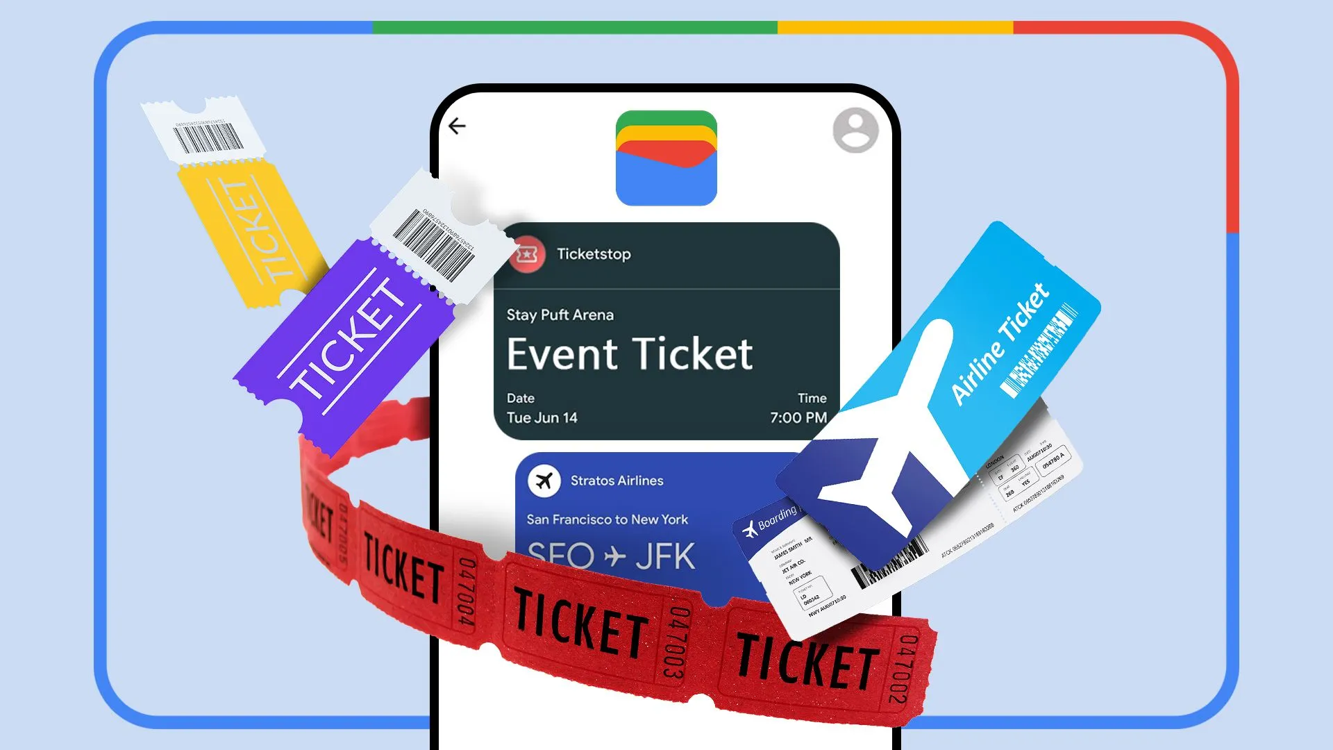 Điện thoại hiển thị Google Wallet với các loại thẻ và vé xung quanh