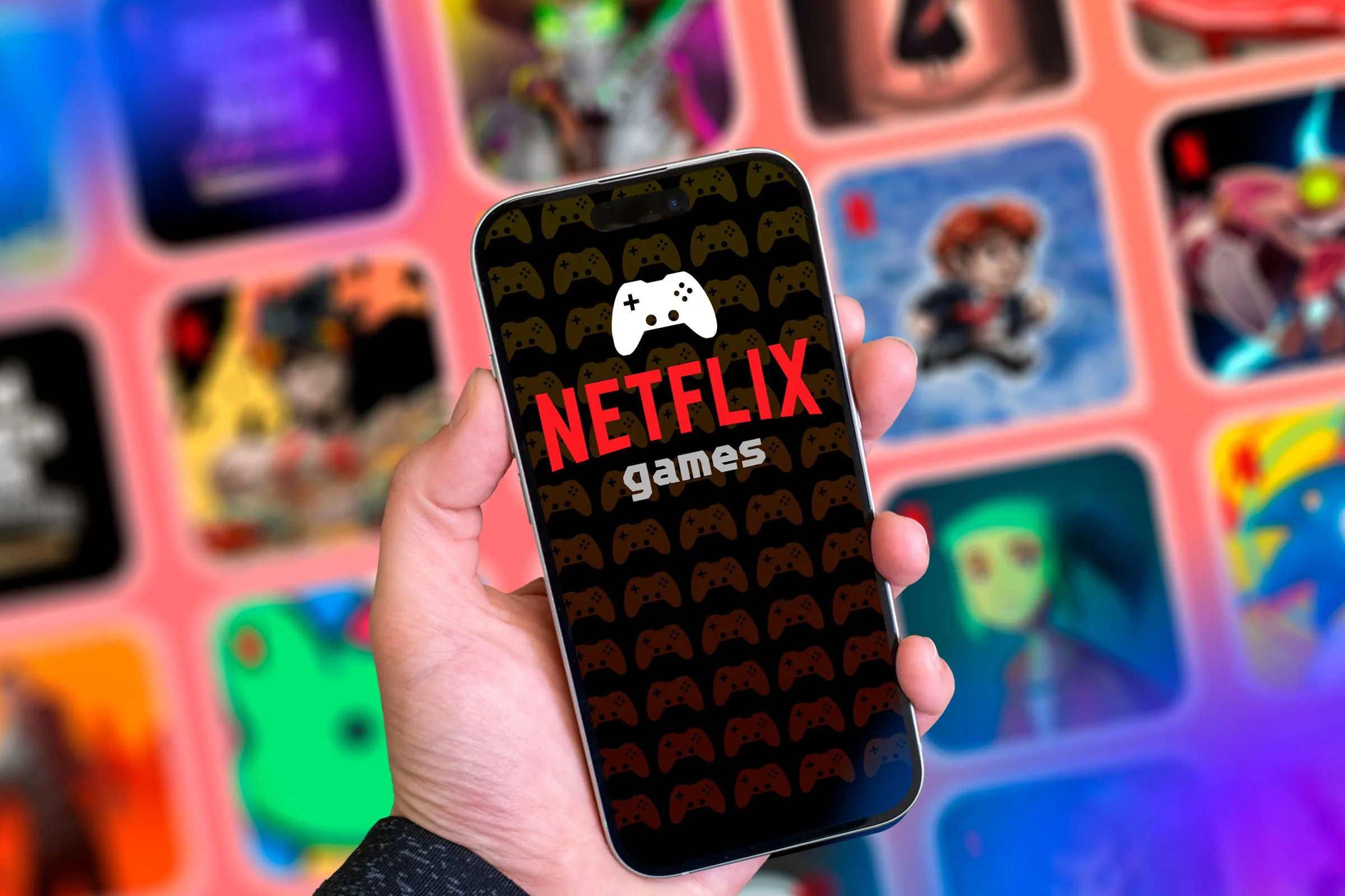 Điện thoại hiển thị 'Netflix games' trên màn hình, với một số game mờ ở hậu cảnh