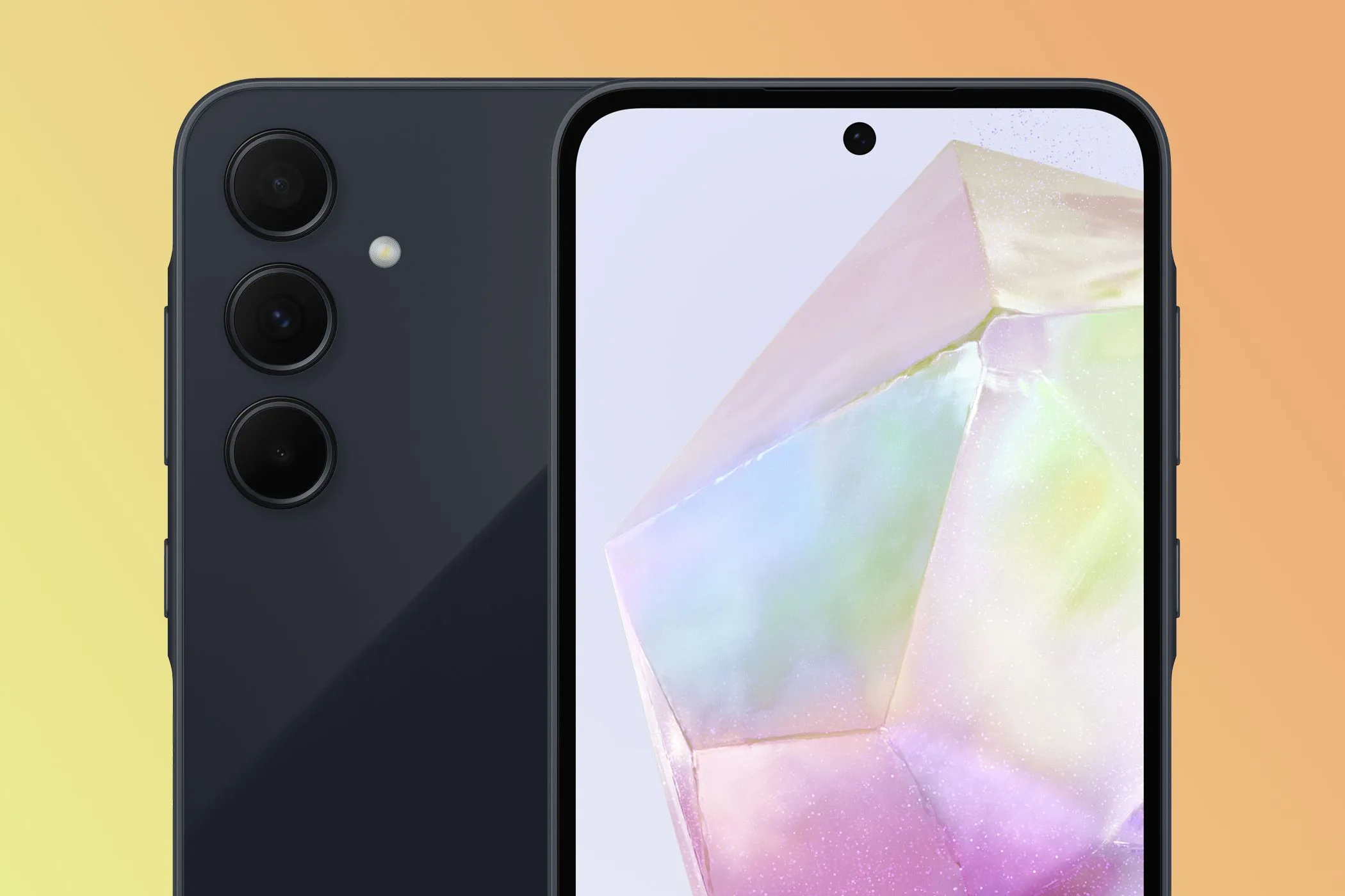Điện thoại Samsung Galaxy A35 nhìn từ mặt trước và mặt sau, thể hiện thiết kế camera