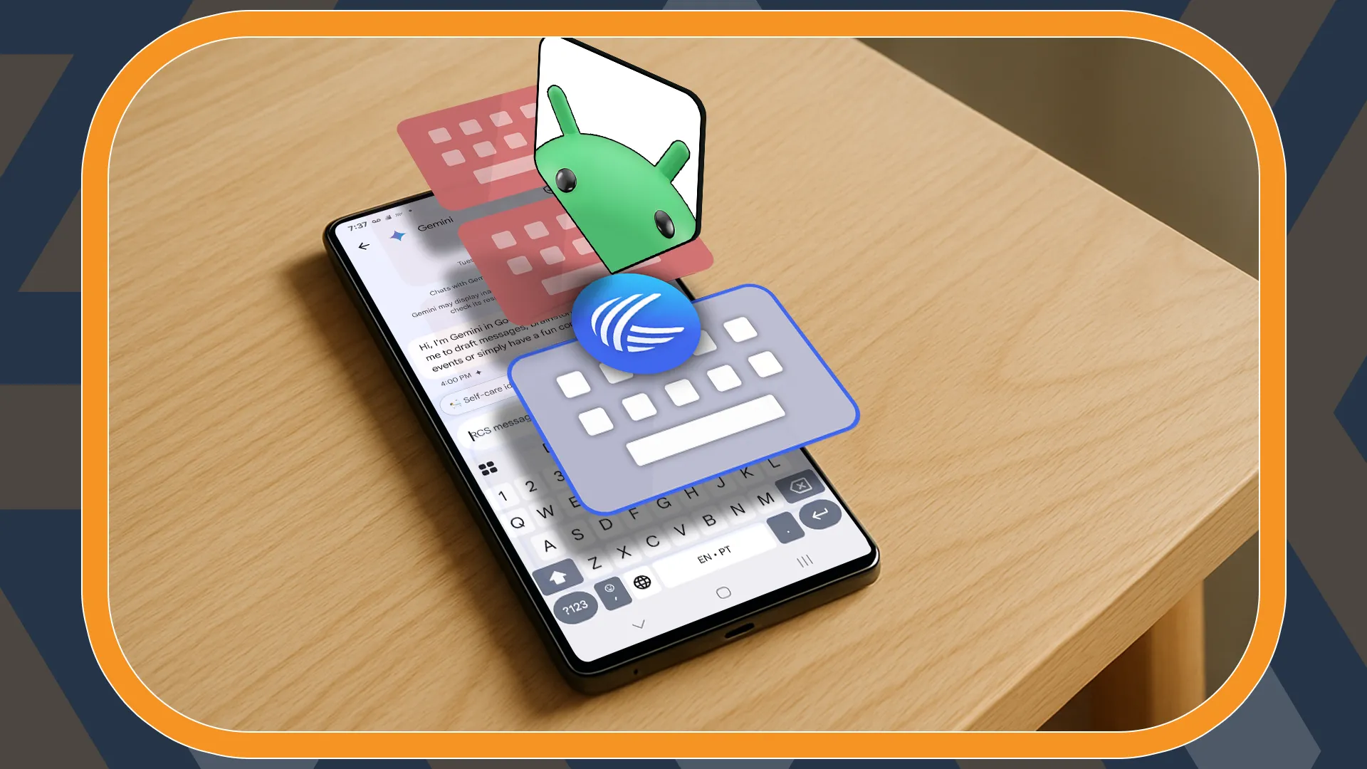 Điện thoại thông minh với nhiều biểu tượng bàn phím và linh vật Android