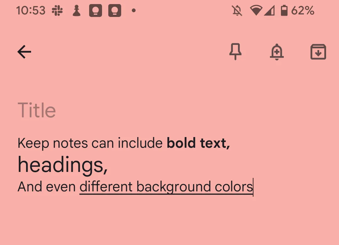 Ghi chú Google Keep với định dạng văn bản đa dạng: nền hồng, chữ in đậm và các tùy chọn kiểu chữ khác.