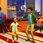 Gia đình Sims đang sinh hoạt vui vẻ trong phòng khách, minh họa cho lối chơi tương tác của The Sims Online.