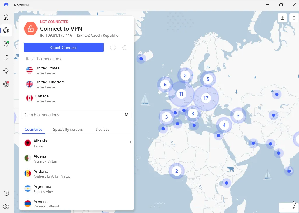 Giao diện bản đồ tương tác của NordVPN hiển thị các vị trí máy chủ VPN