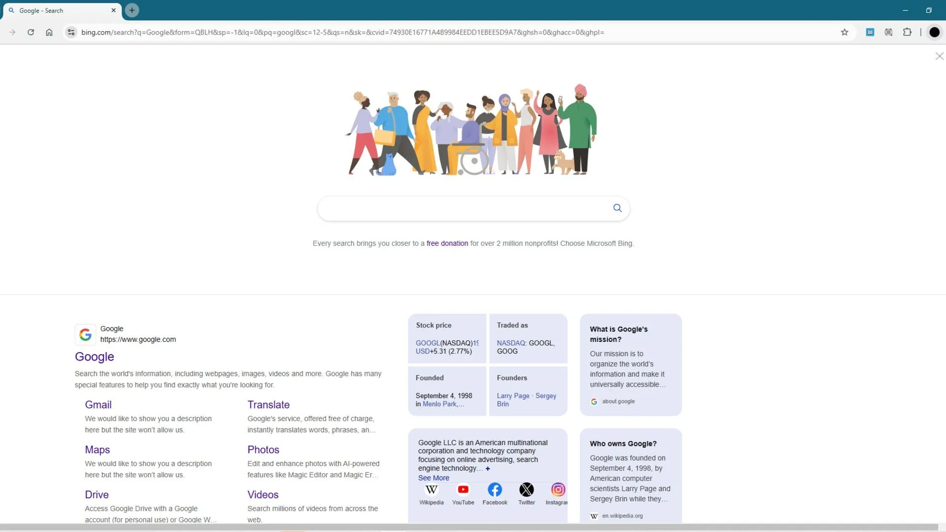 Giao diện Bing hiển thị kết quả tìm kiếm Google với thiết kế tương tự Google