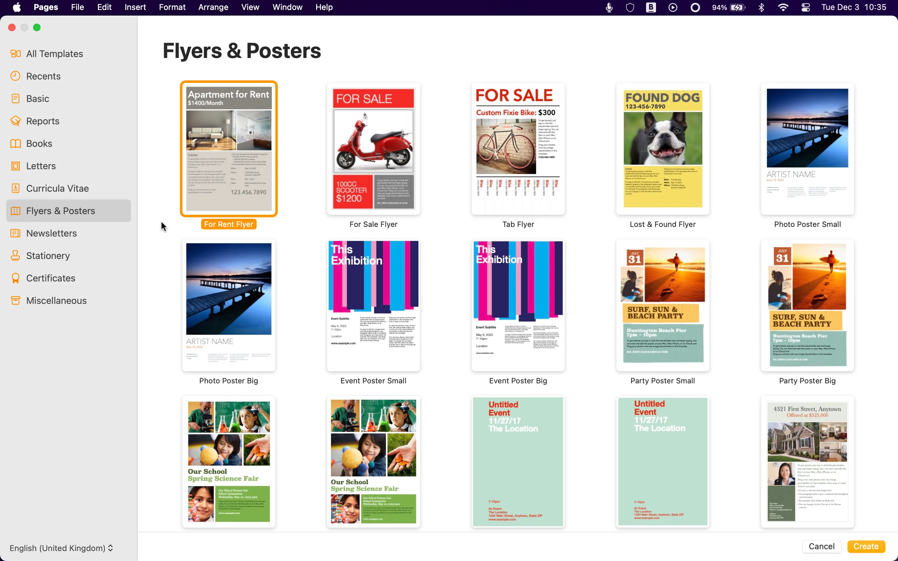 Giao diện các mẫu template poster đa dạng trong Apple Pages.
