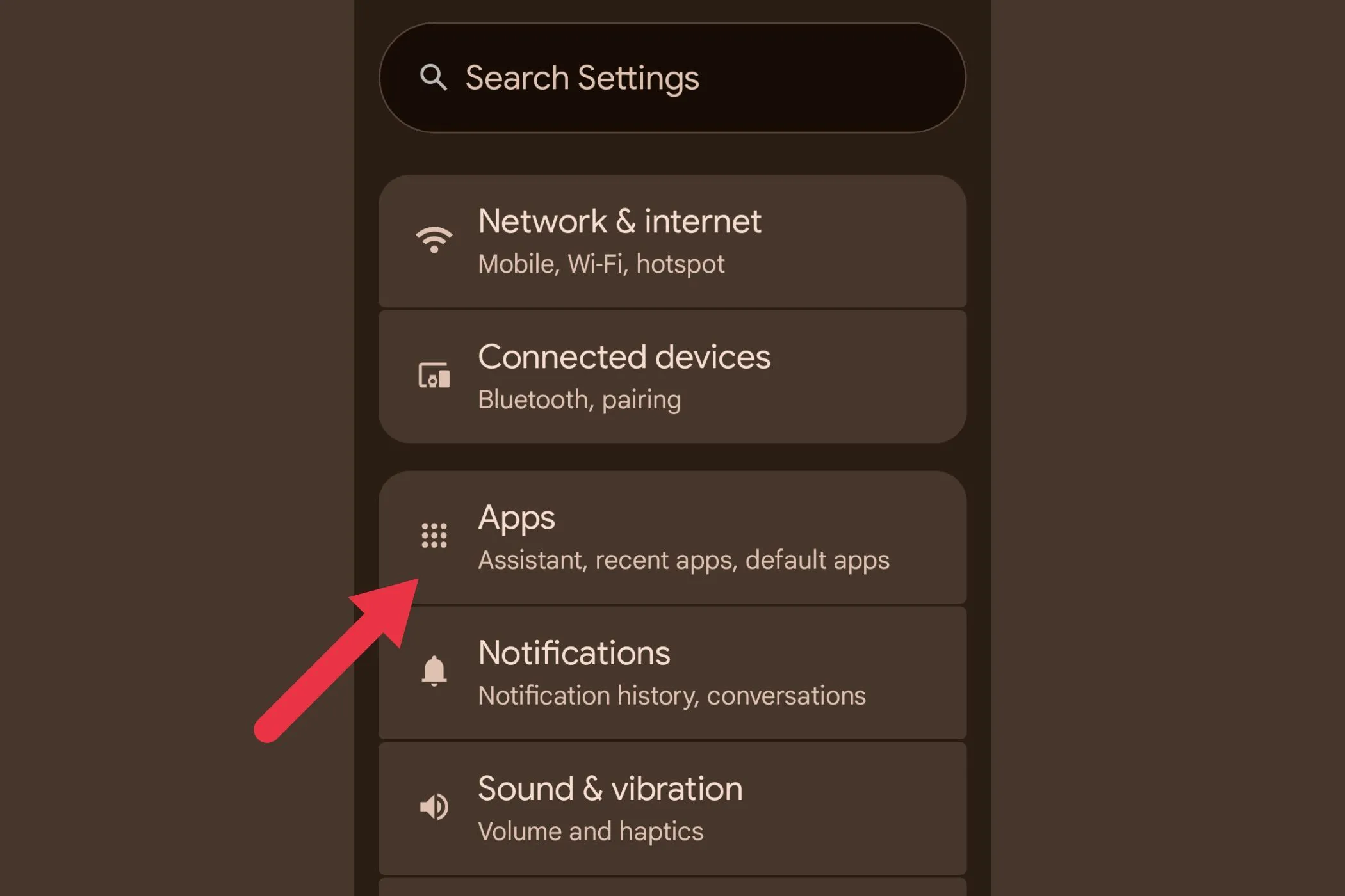 Giao diện cài đặt Android hiển thị tùy chọn Ứng dụng